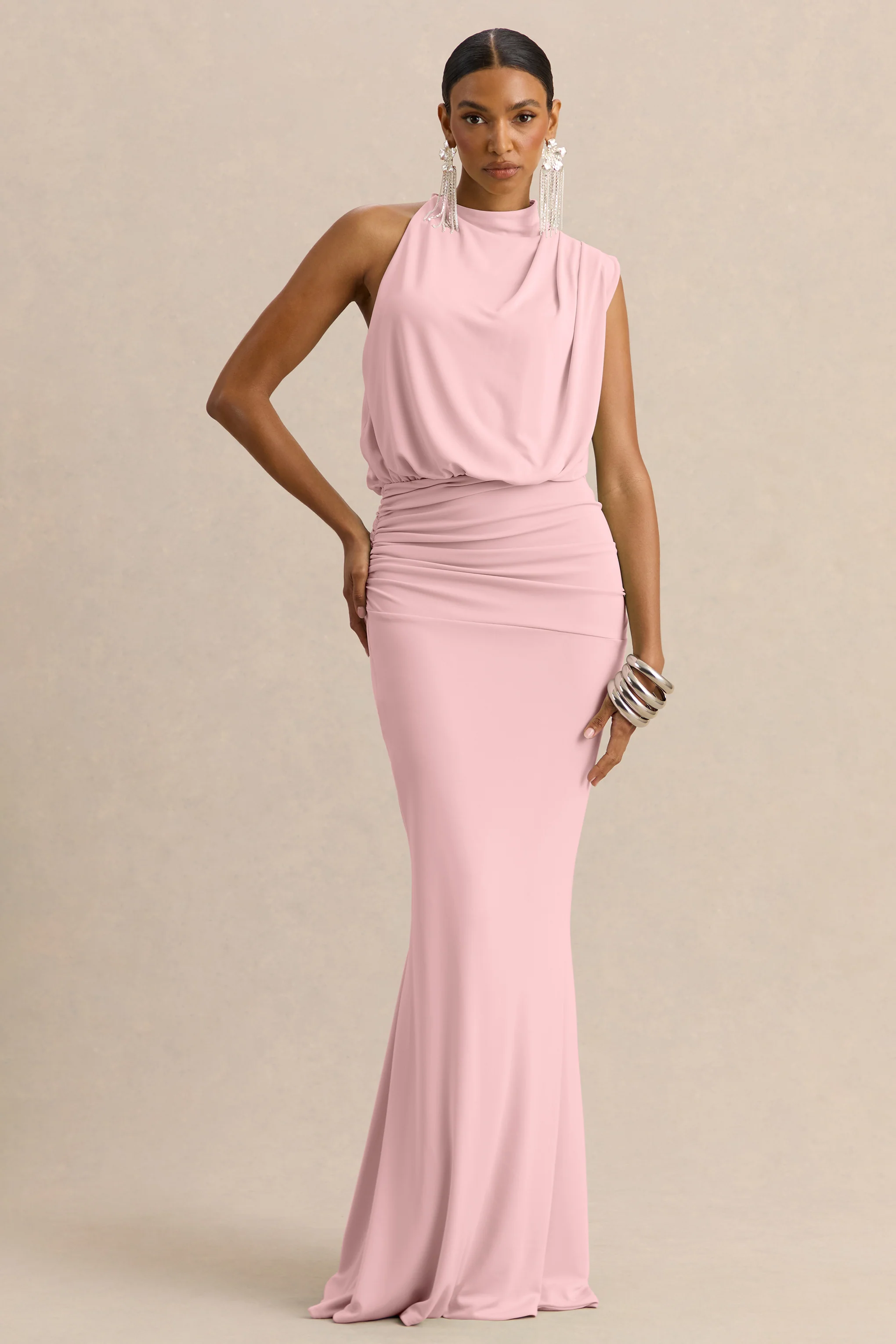Umaira | Licht Roze Maxi Jurk Met Hoge Hals