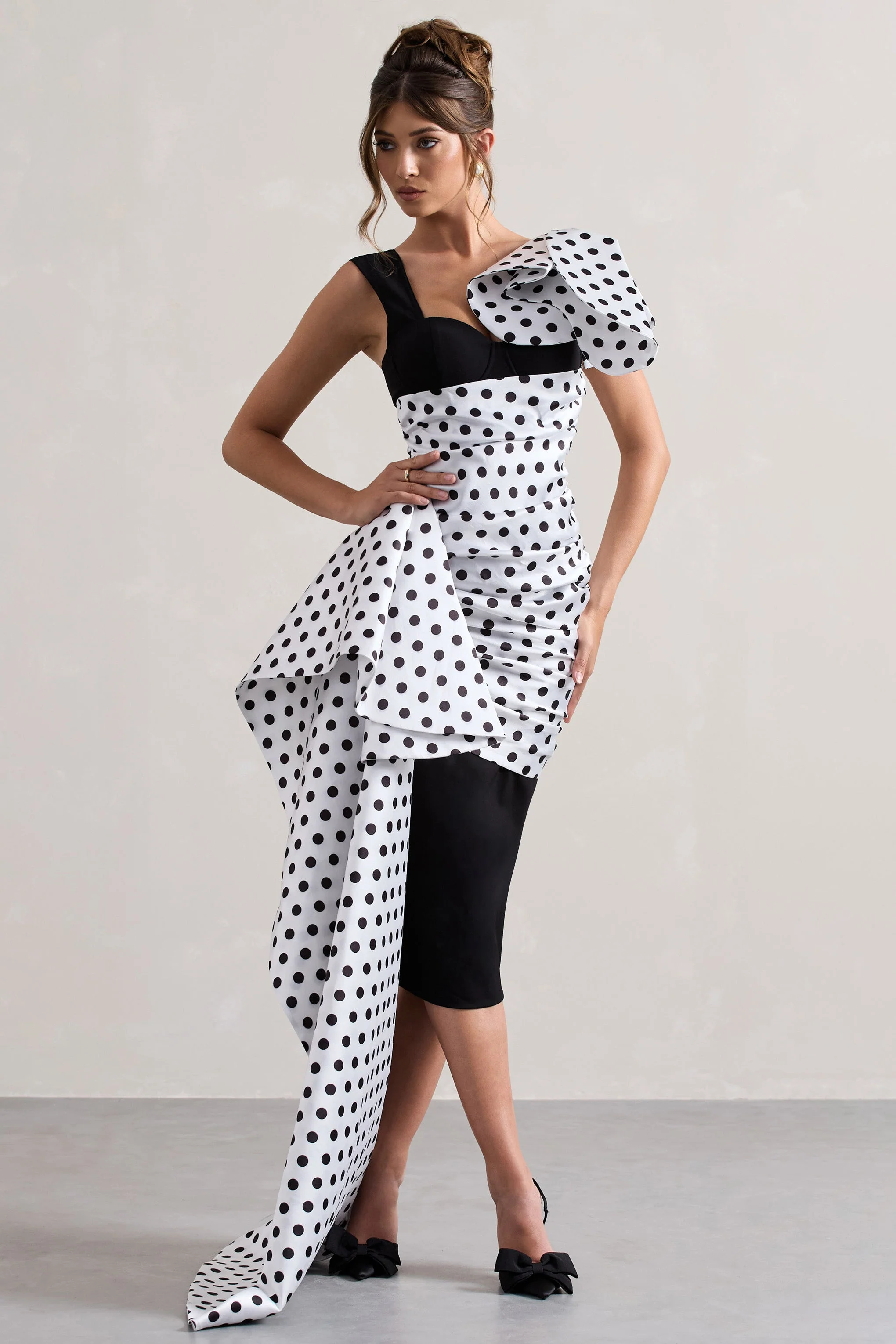 Unattainable | Zwarte Stippen Print Overslag Midi Jurk Volumineuze Drapering
