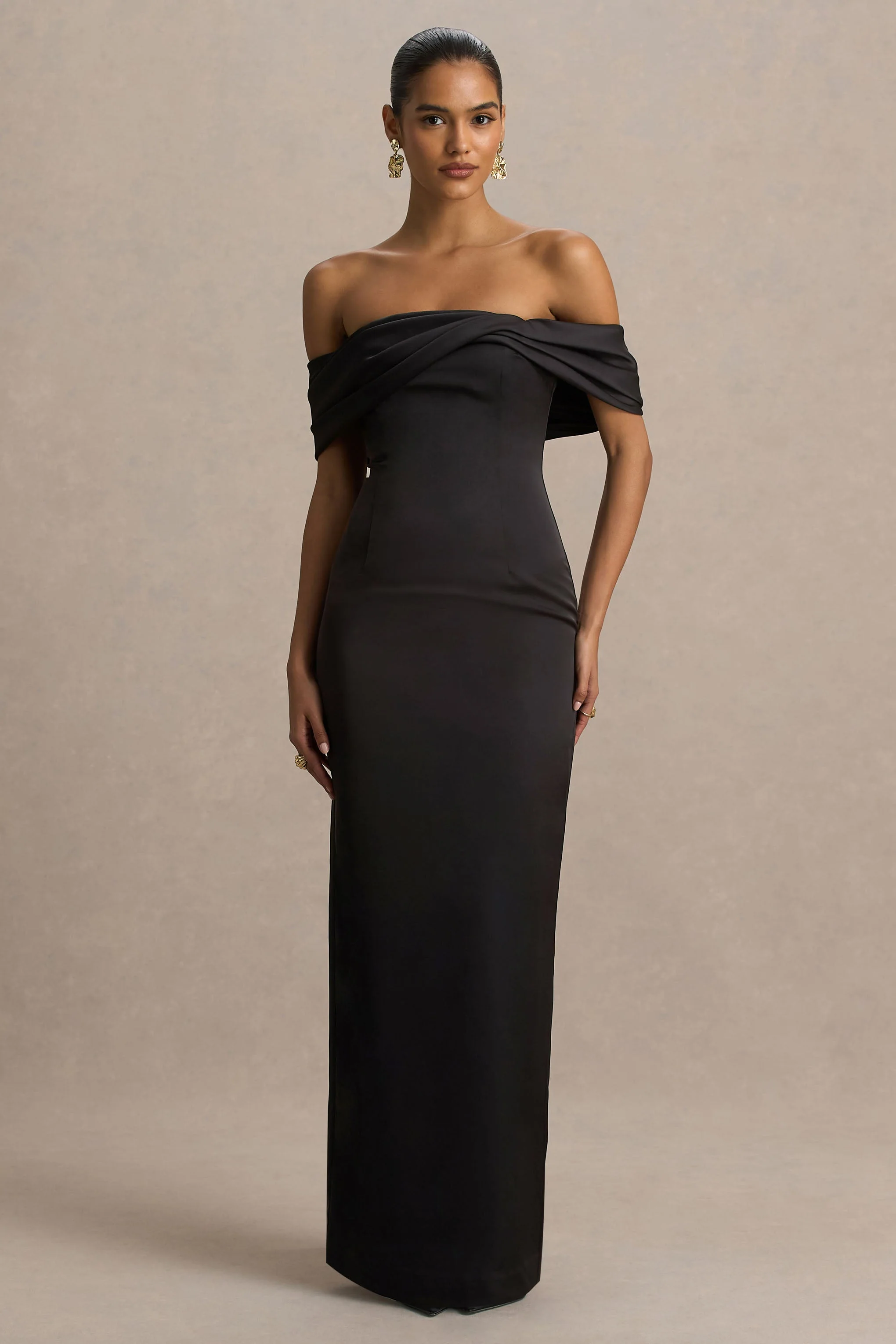Valeria | Zwarte Satijnen Gedraaide Bardot Hals Maxi Jurk - Image 5