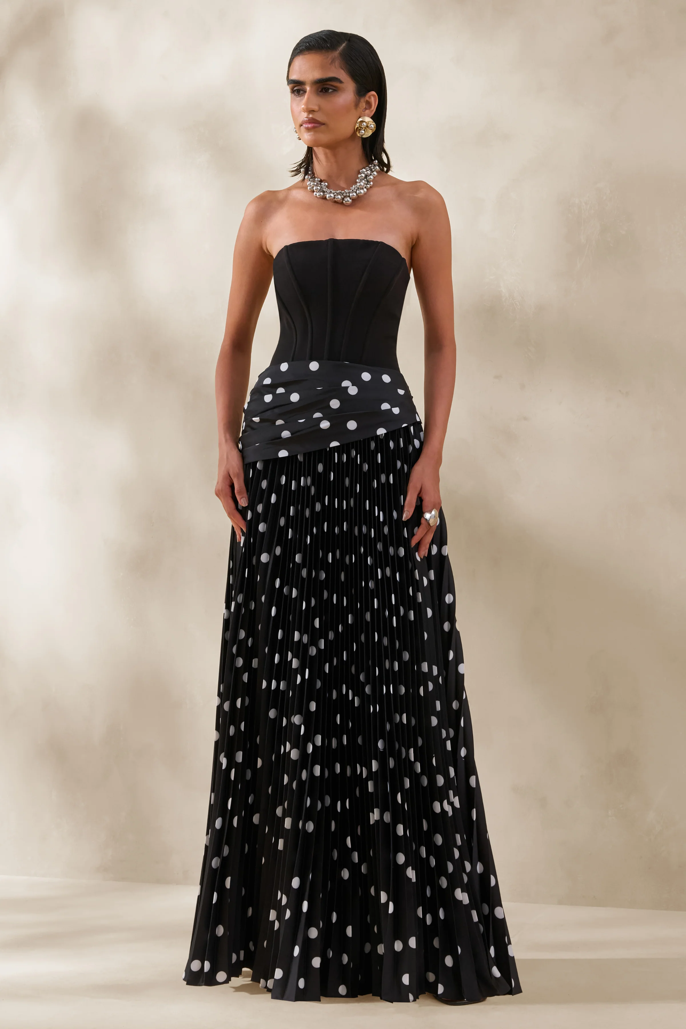 Valerisse | Zwart-Witte Stippen Print Bandeau Maxi Jurk