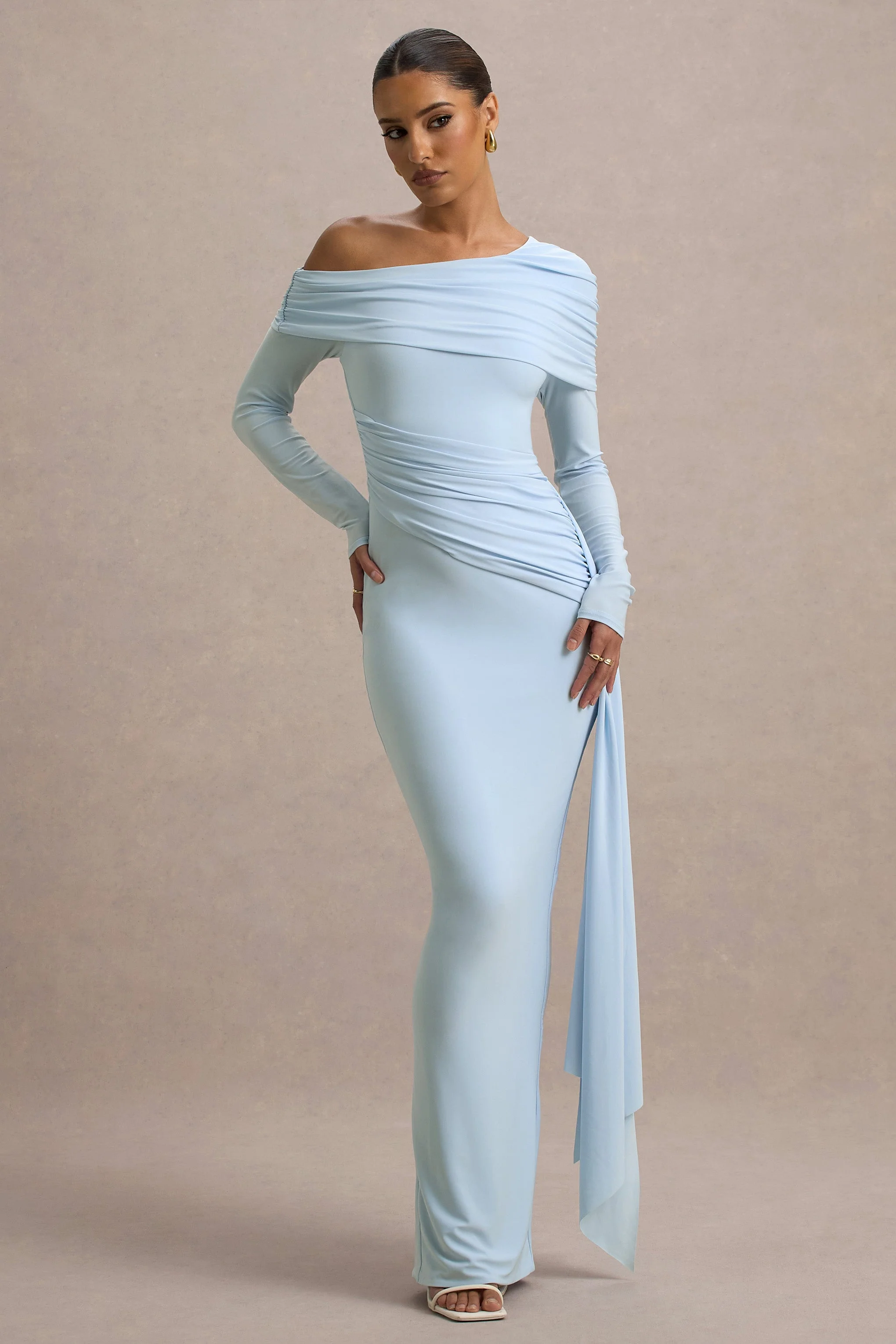 Valina | Poederblauwe Gerimpeld Asymmetrische Maxi-Jurk Met Drapering