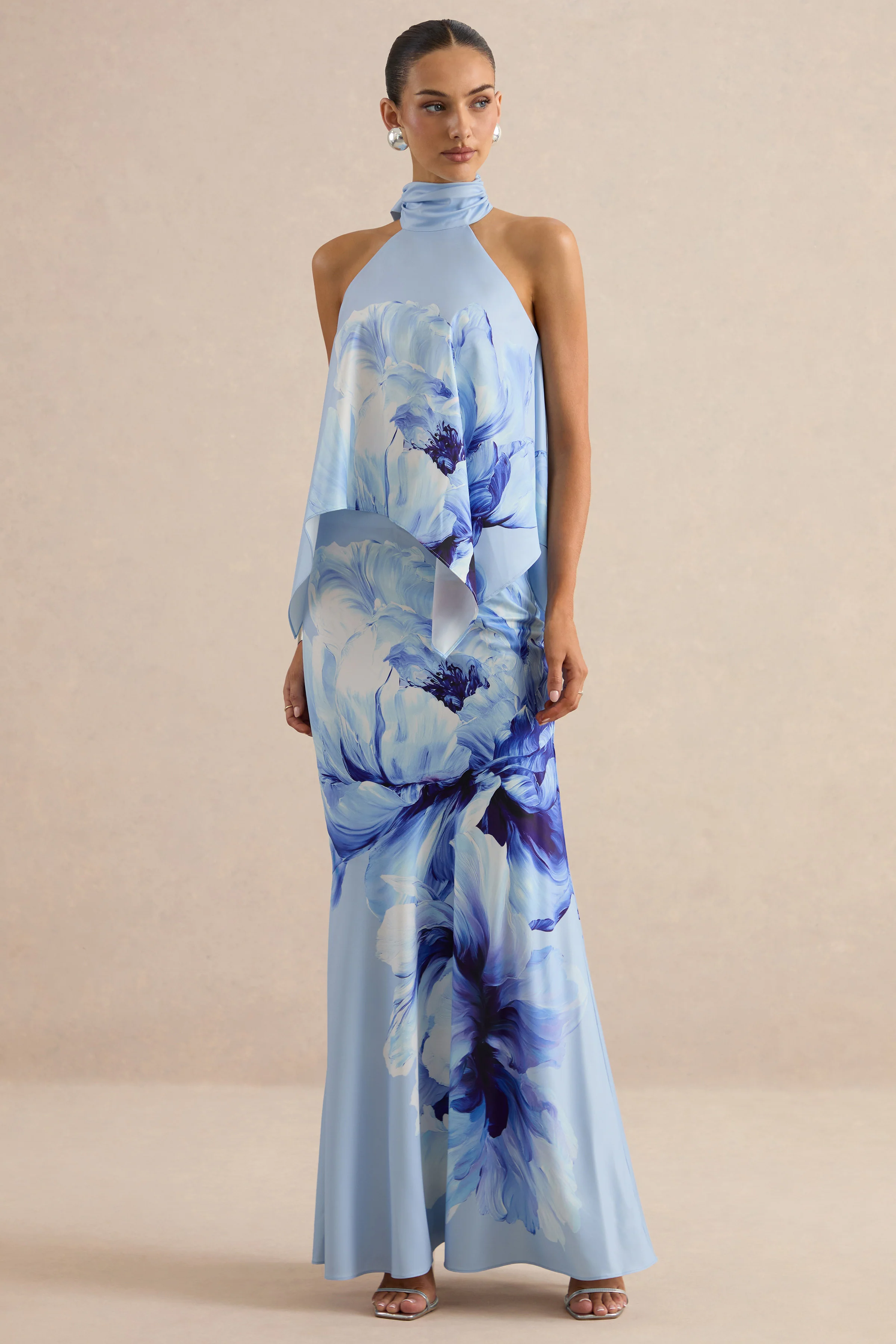 Vayla | Blauwe Bloemenprint Matte Satin Asymmetrische Drop-Taille Maxi Rok - Image 4