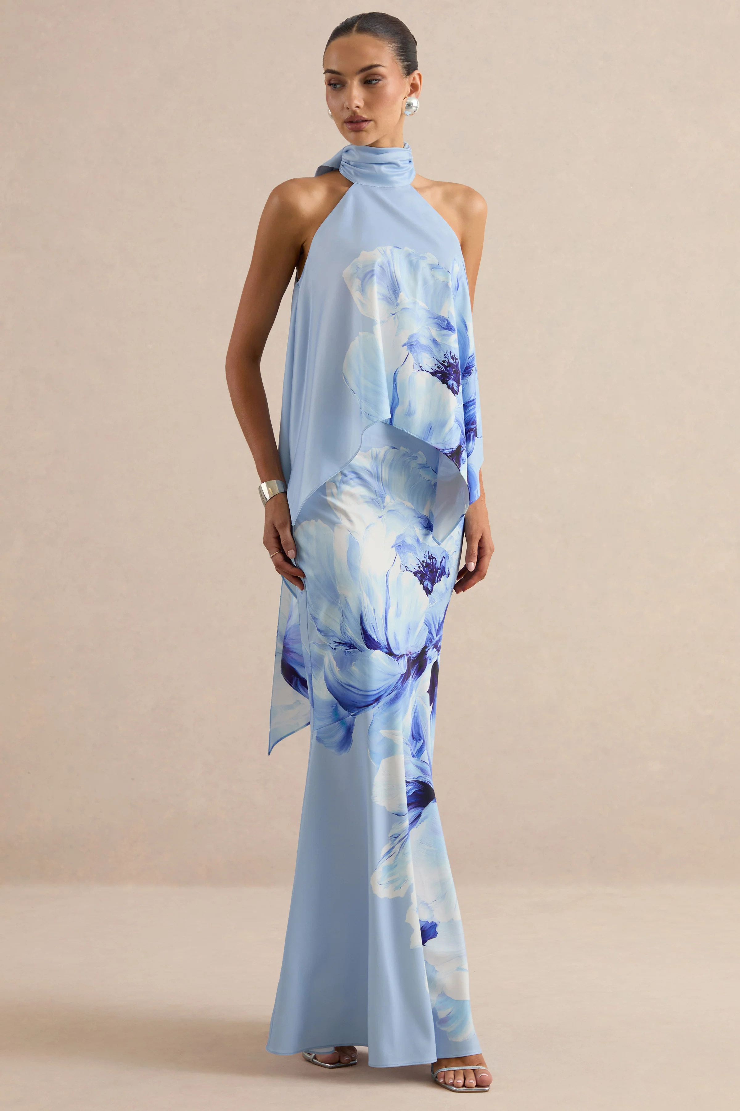 Vayla | Blauwe Bloemenprint Matte Satin Asymmetrische Drop-Taille Maxi Rok - Image 5