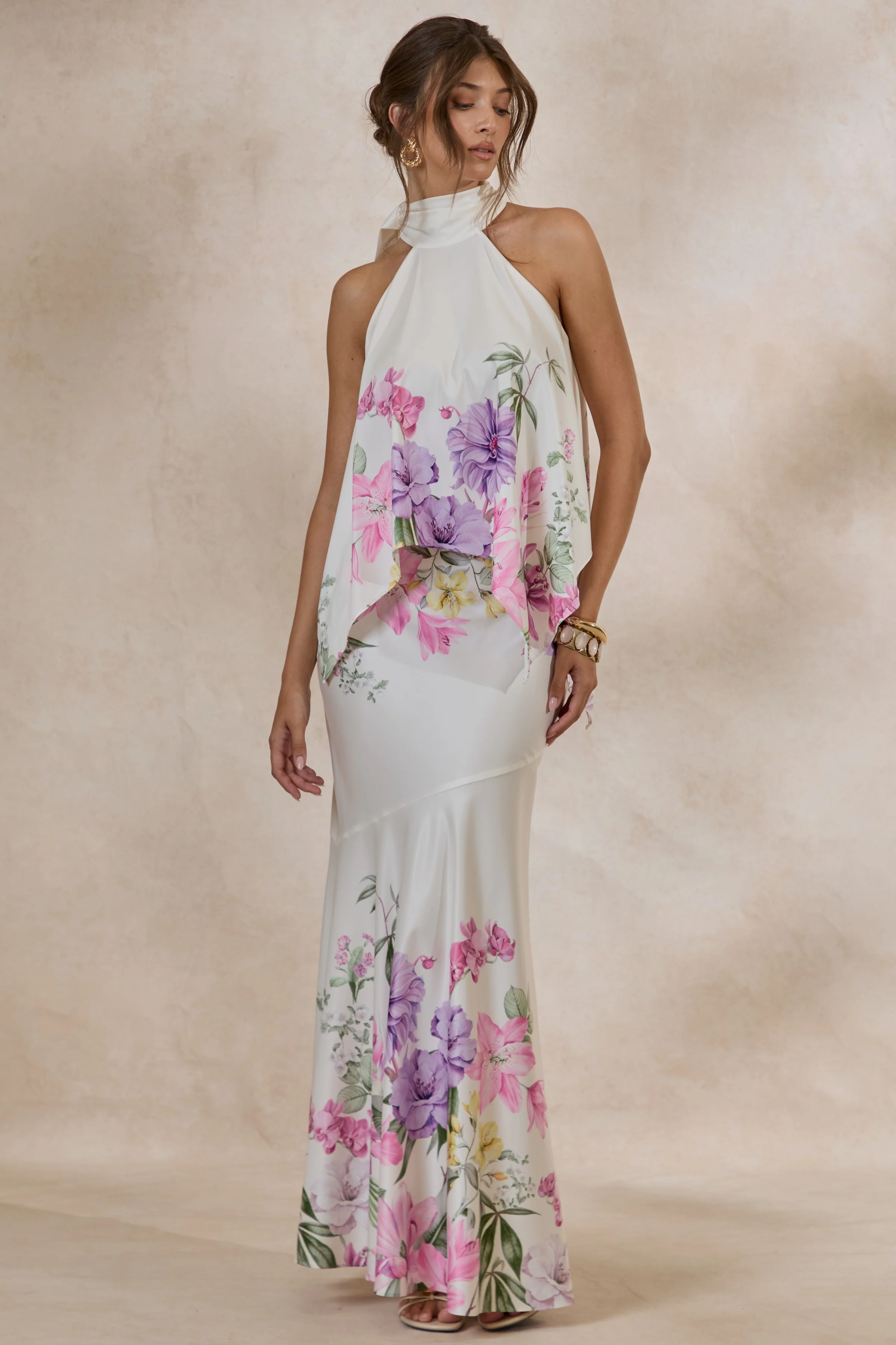 Vayla | Crème Bloemenprint Satijnen Maxi Rok Met Asymmetrische Verlaagde Taille - Image 5