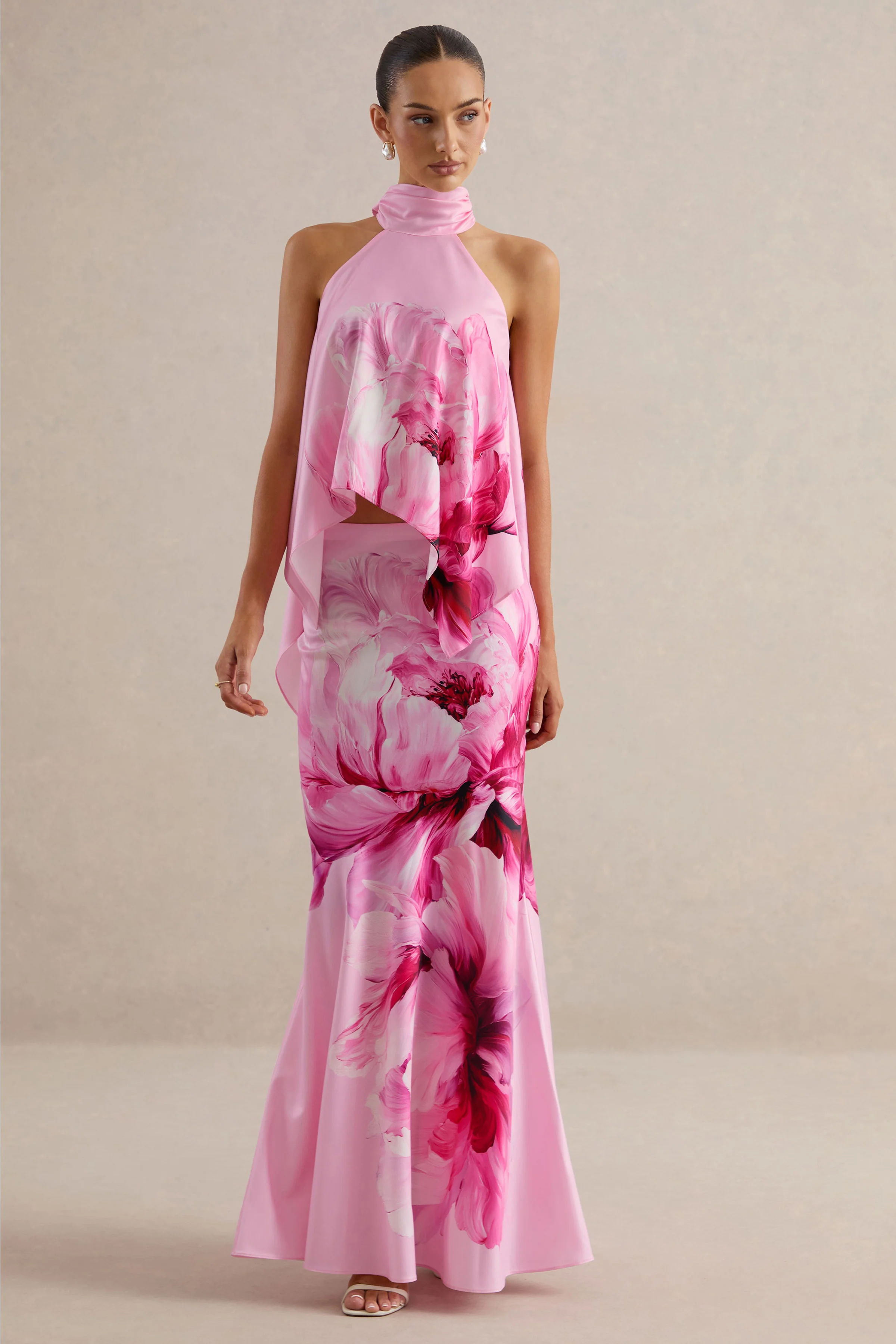 Vayla | Roze Bloemenprint Satijnen Asymmetrische Maxi Rok Met Verlaagde Taille - Image 2