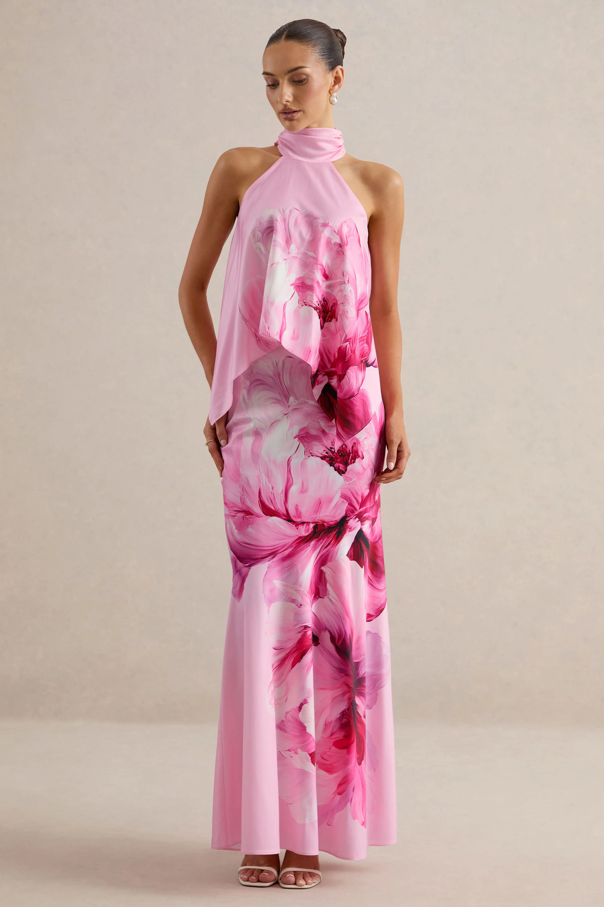 Vayla | Roze Bloemenprint Satijnen Asymmetrische Maxi Rok Met Verlaagde Taille - Image 5