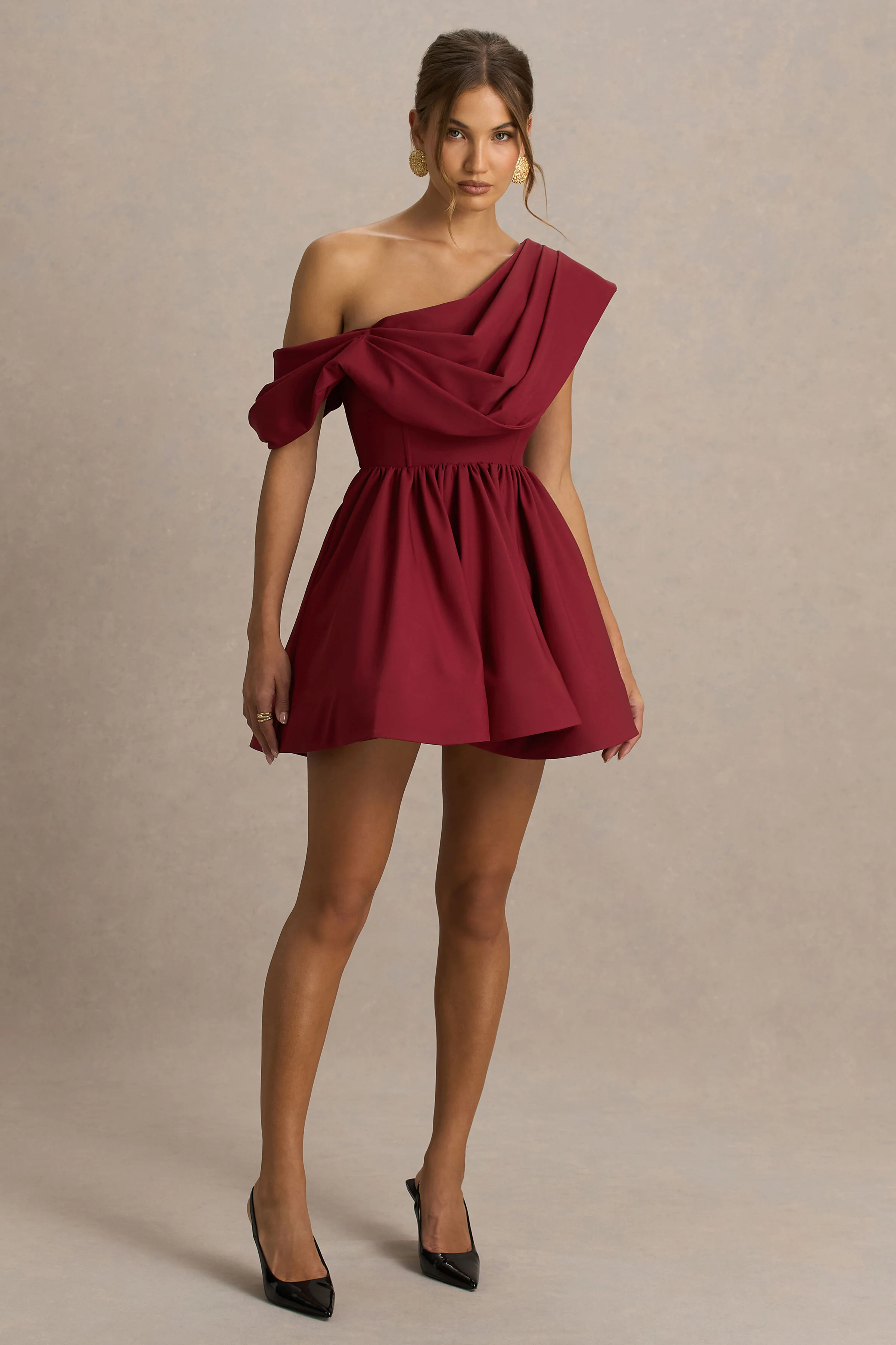 Verona | Bordeaux Draperende Asymmetrische Hals Skater Mini Jurk - Image 4