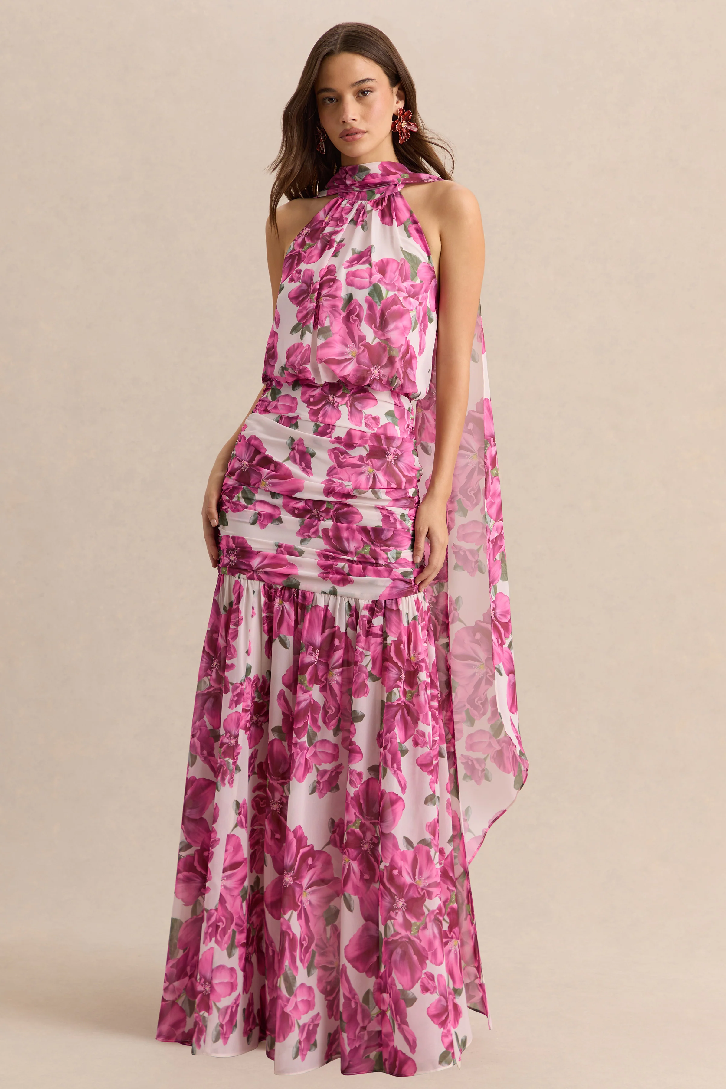 Veronique | Roze Hibiscus Bloemenprint Maxi Jurk Met Halternek