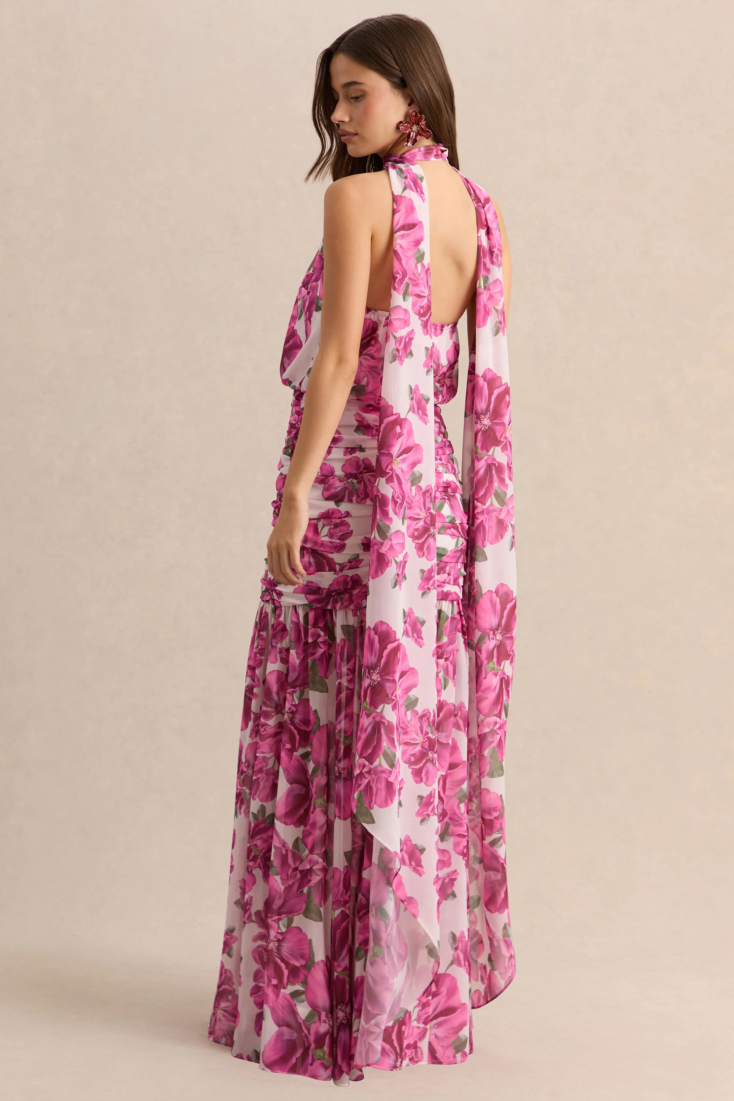 Veronique | Roze Hibiscus Bloemenprint Maxi Jurk Met Halternek - Image 2