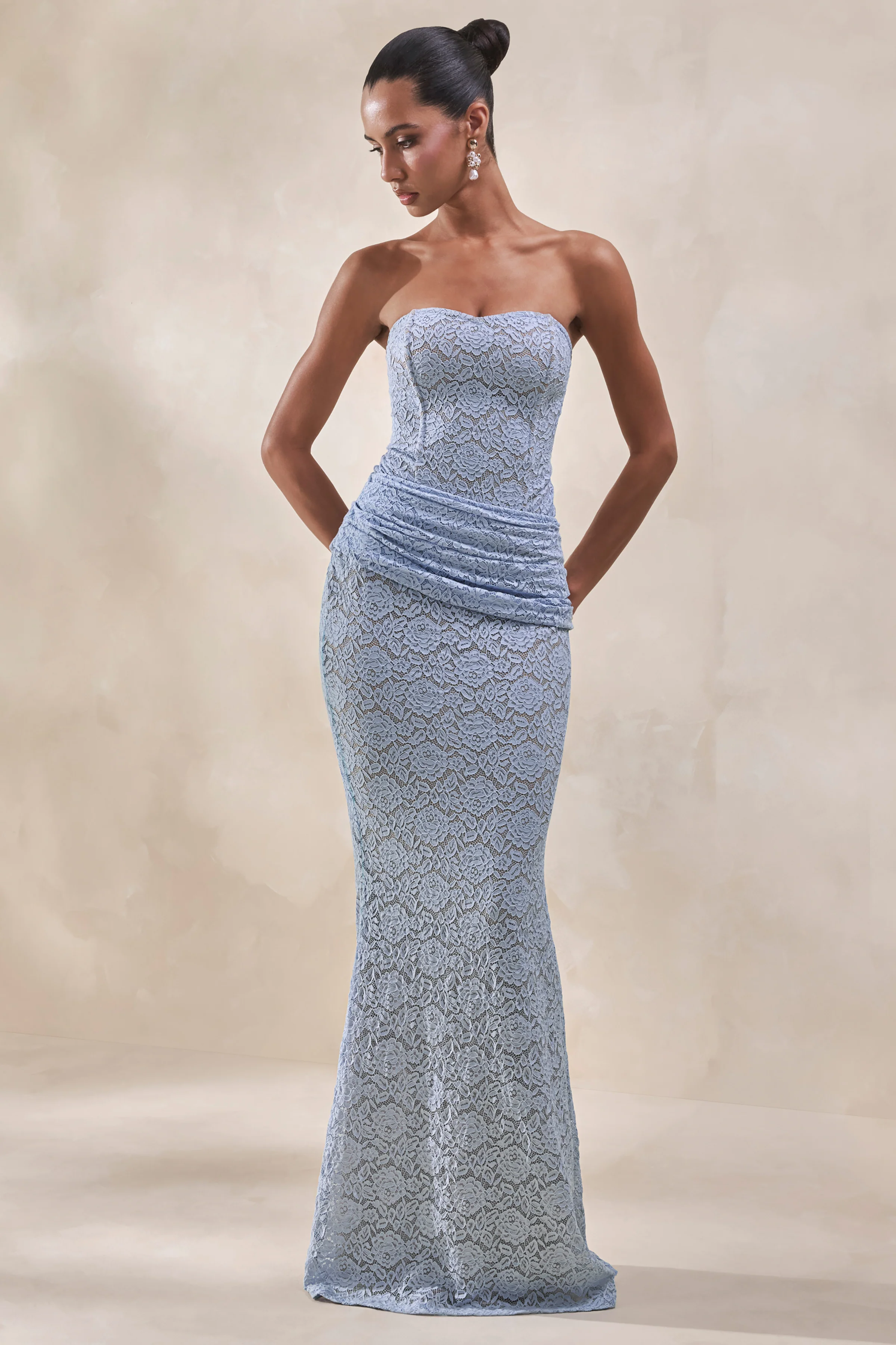 Viara | Poederblauwe Kanten Maxirok With Draperende Details