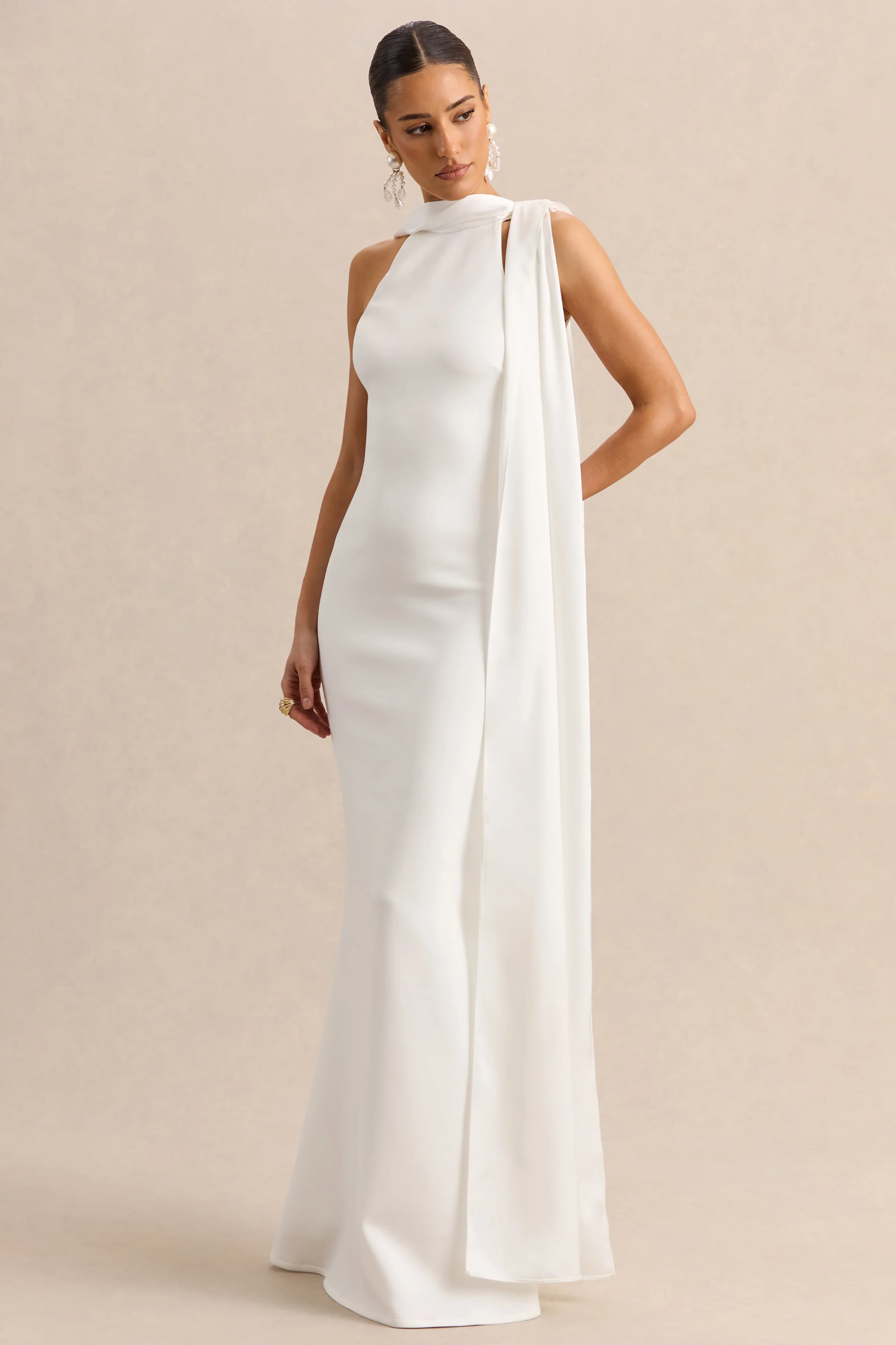 Vionette | Witte Hoge Hals Maxi Jurk Met Sjaal - Image 4