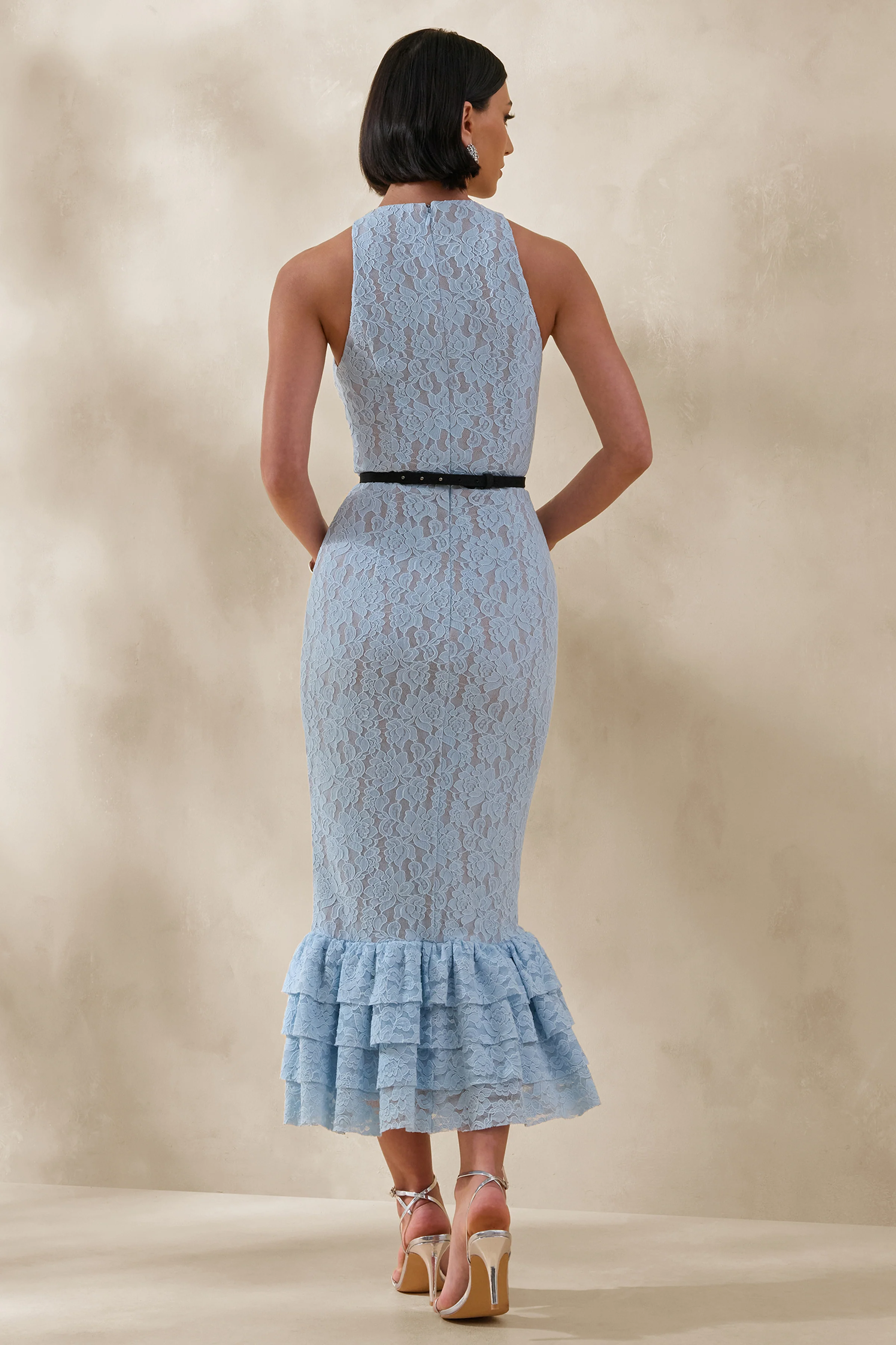 Vionna | Blauwe Kanten Racernek Midi Jurk Met Strik-Ceintuur Detail - Image 2