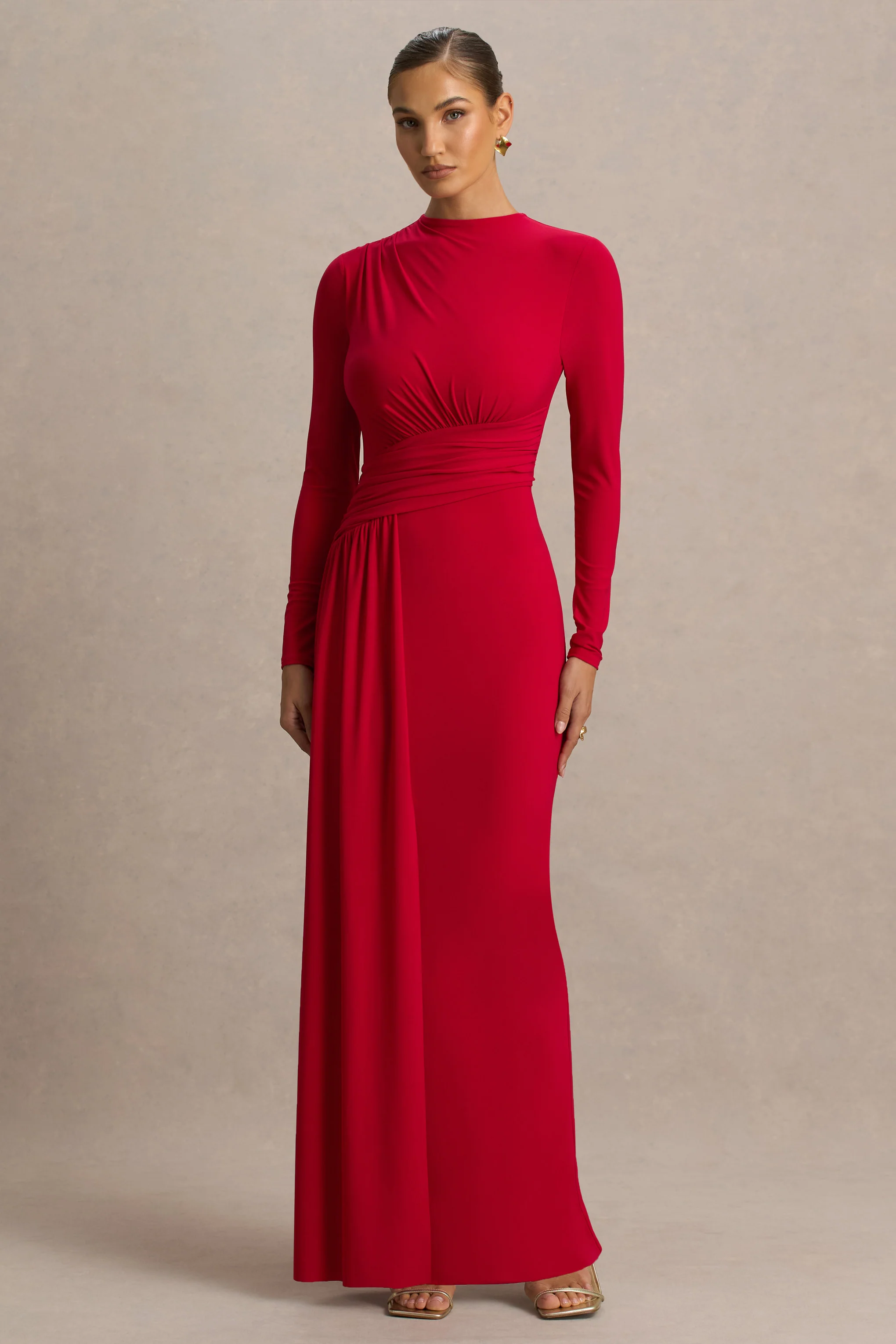 Virelle | Rode Boot Hals Maxi Jurk Met Overslag Detail En ceintuur - Image 4