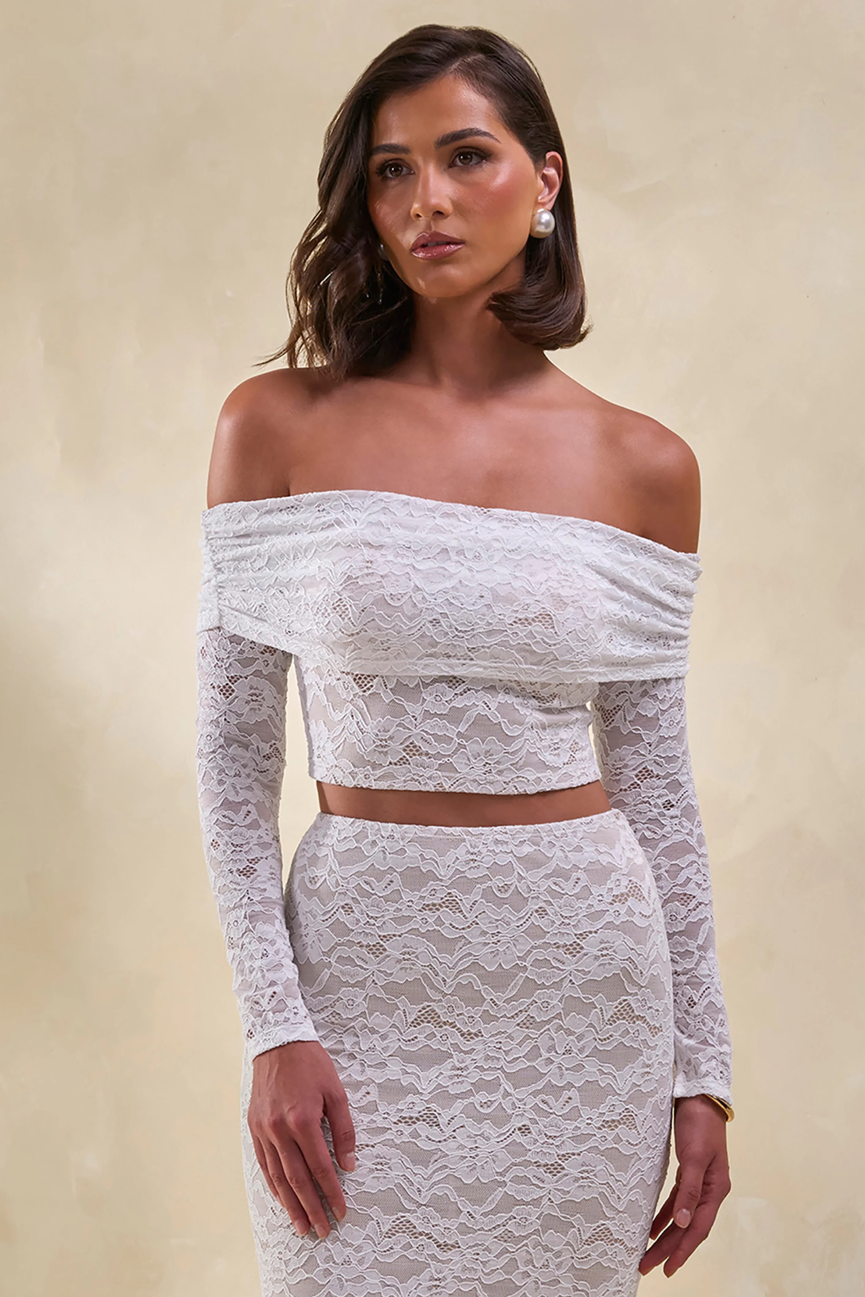 Virena | Witte Kanten Crop Top Met Bardot Hals
