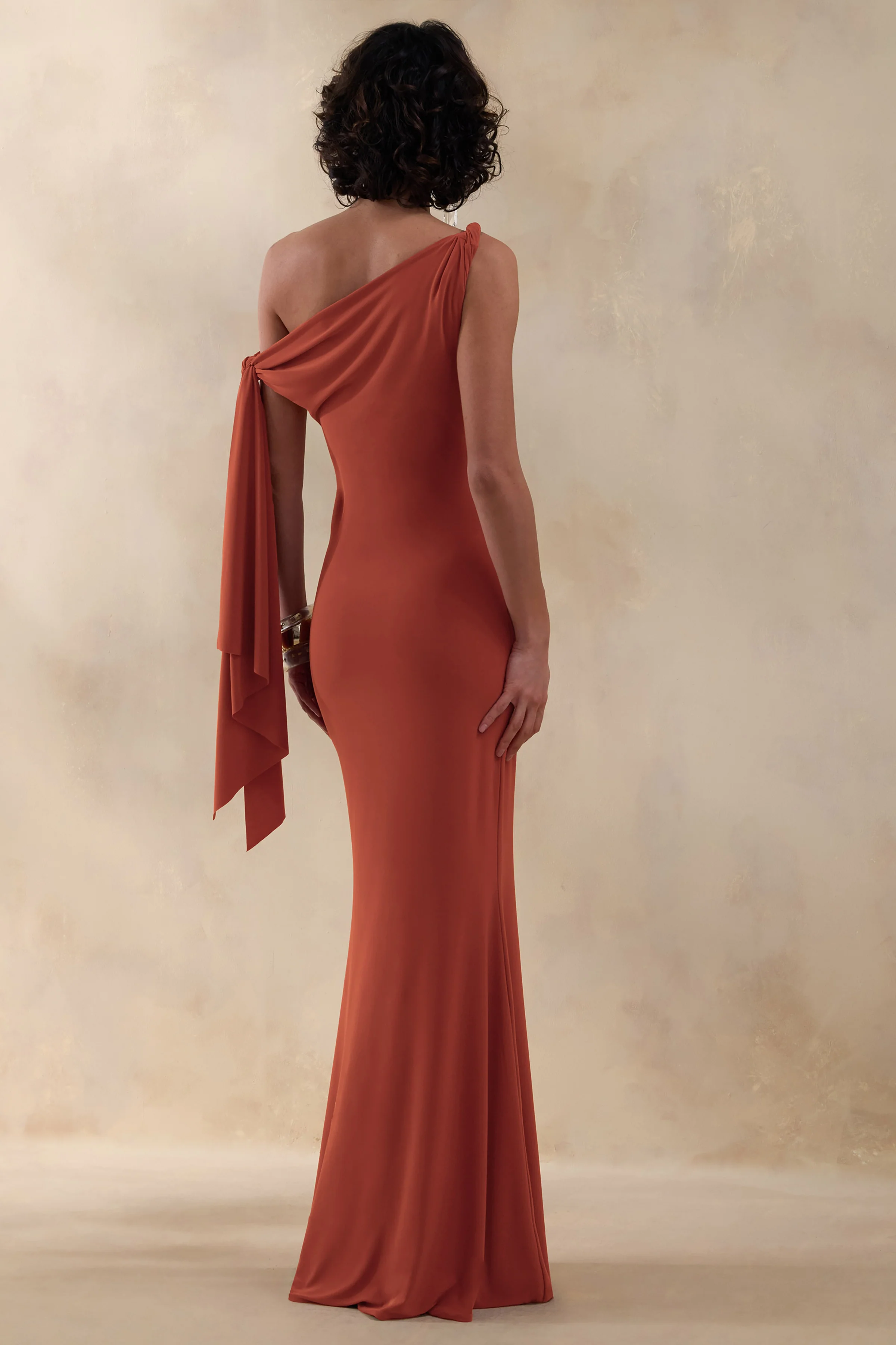 Vista | Roest Asymmetrische Hals Maxi Jurk Met Knoop Mouw Detail - Image 2