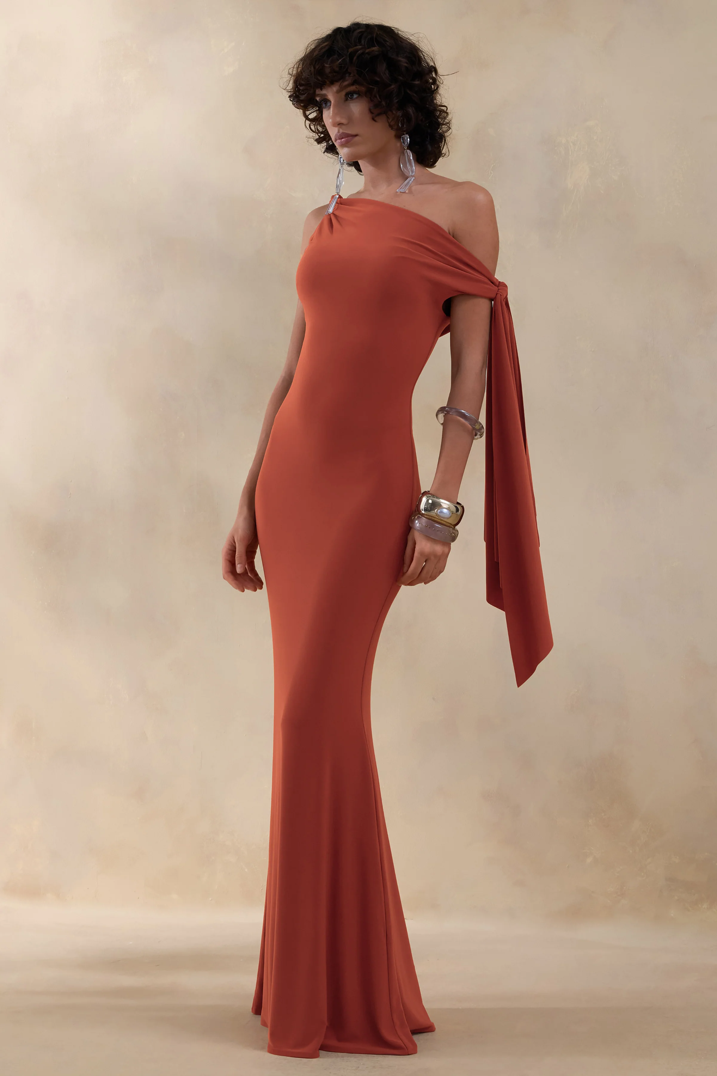 Vista | Roest Asymmetrische Hals Maxi Jurk Met Knoop Mouw Detail - Image 4