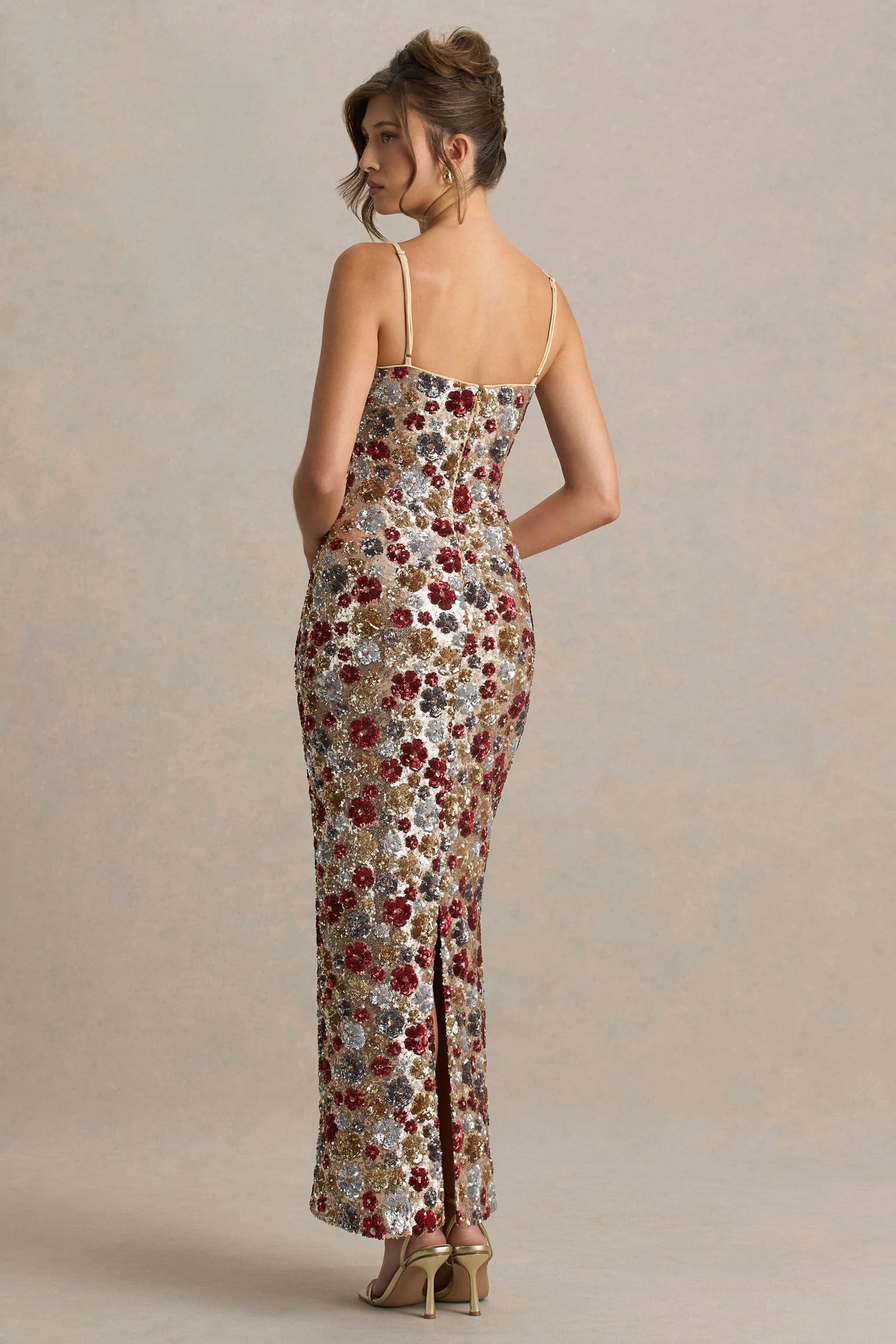 Vitora | Rode Bloemen Pailletten Versierde Maxi Jurk Met Vierkante Hals - Image 2