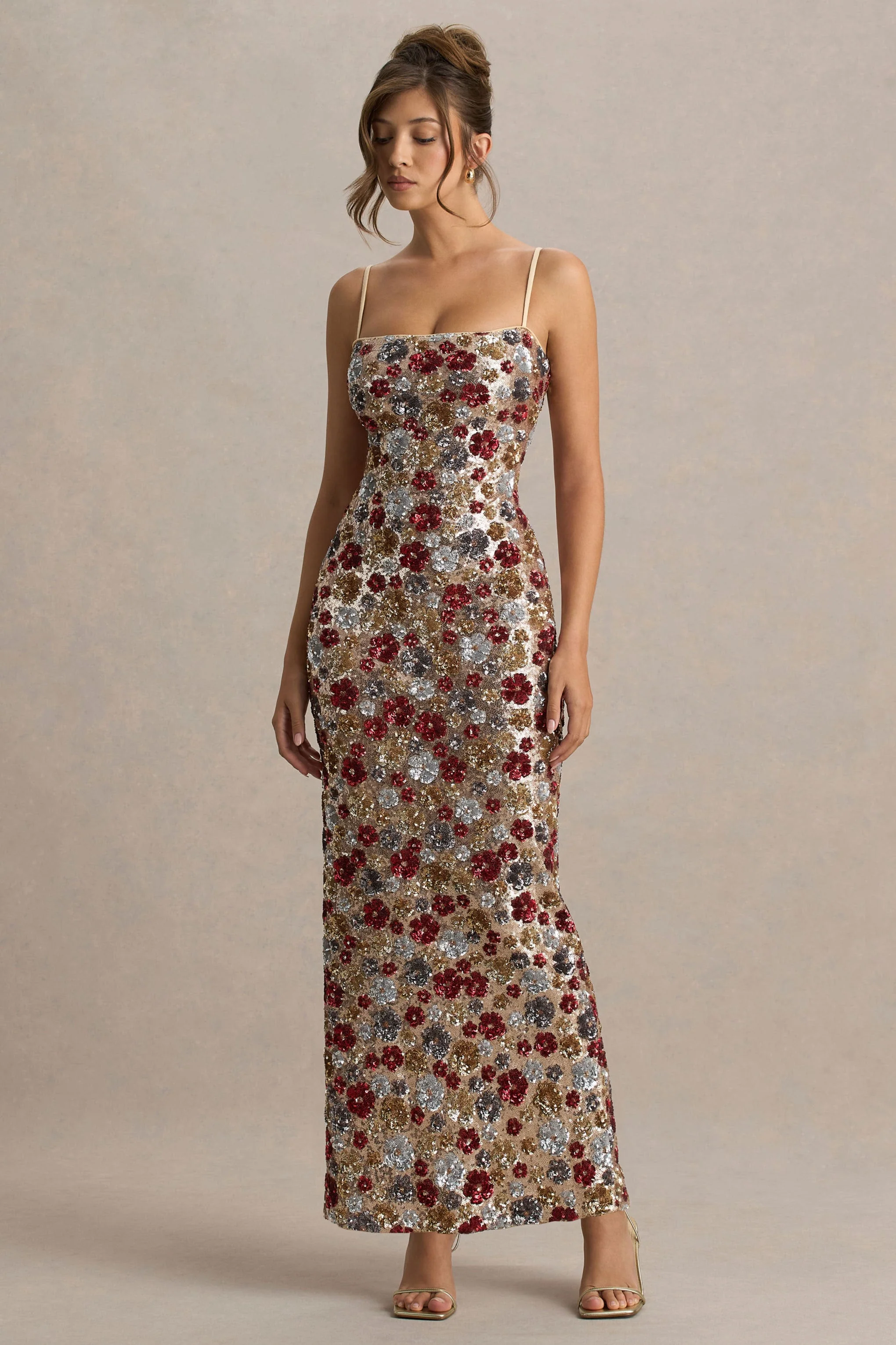 Vitora | Rode Bloemen Pailletten Versierde Maxi Jurk Met Vierkante Hals - Image 5