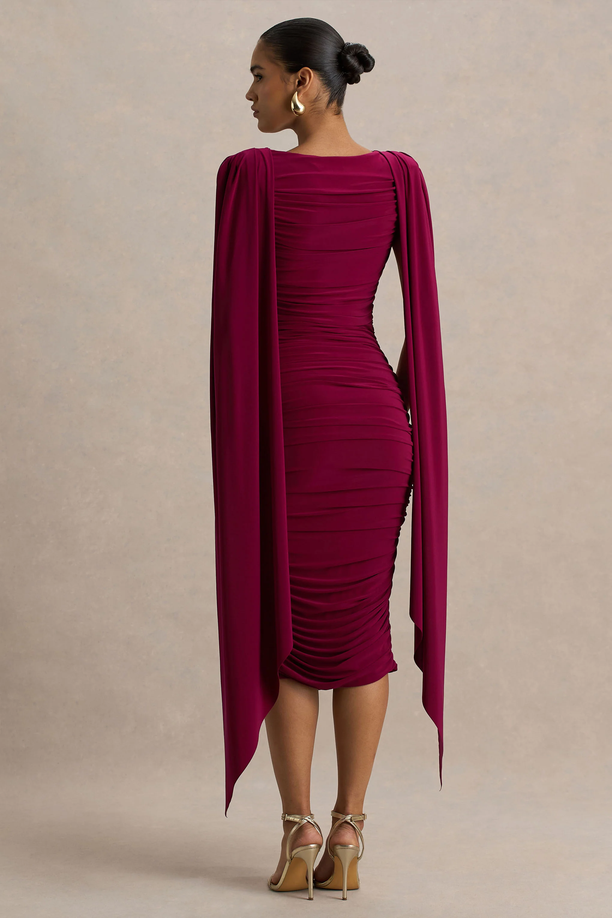 Wanderer | Bordeaux Hoge Ronde Hals Midi Jurk Met Draperend En Gerimpeld Details - Image 2