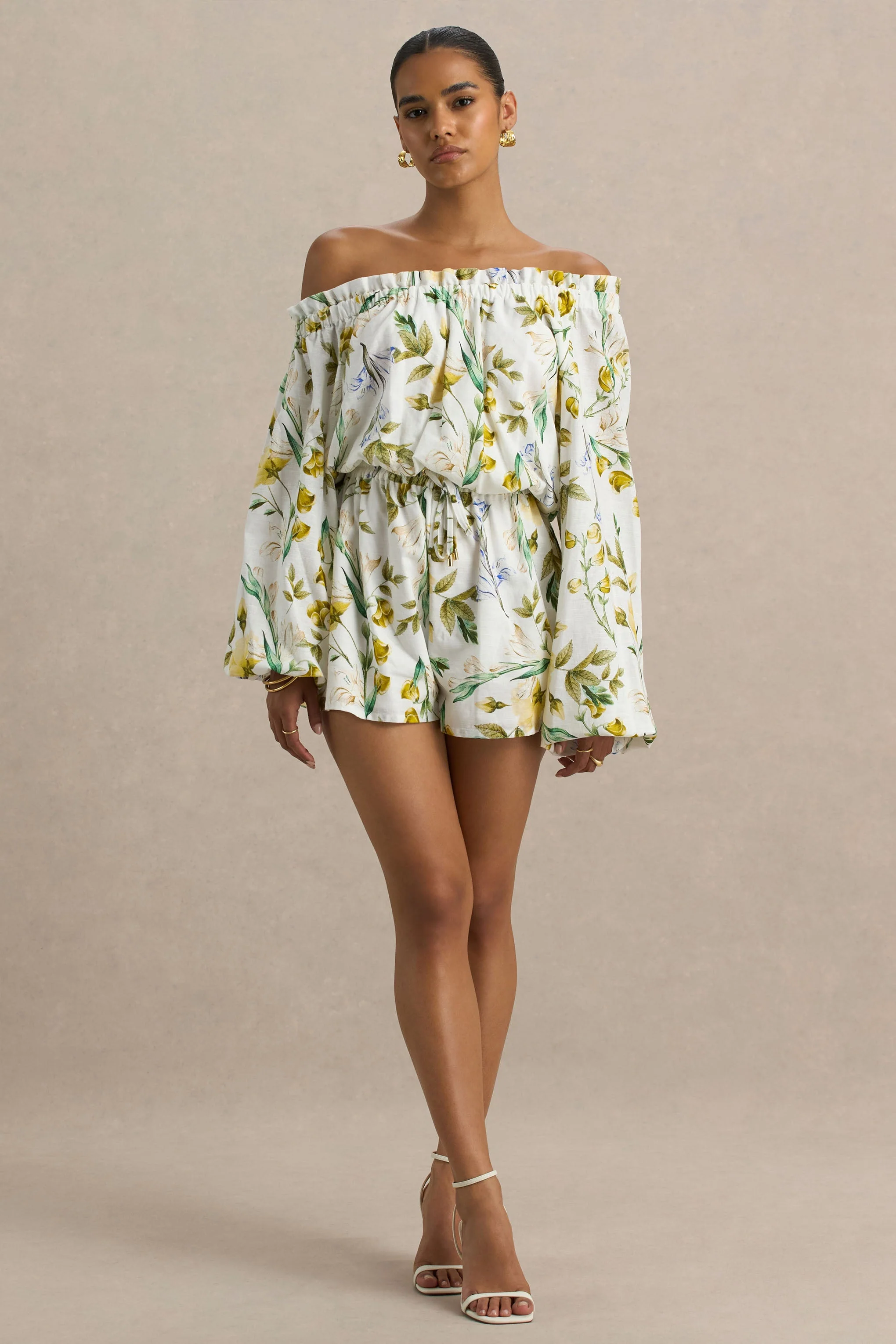 Waterfall | Witte Citroenen Print Linnen Asymmetrisch Playsuit Met Lange Mouwen - Image 5
