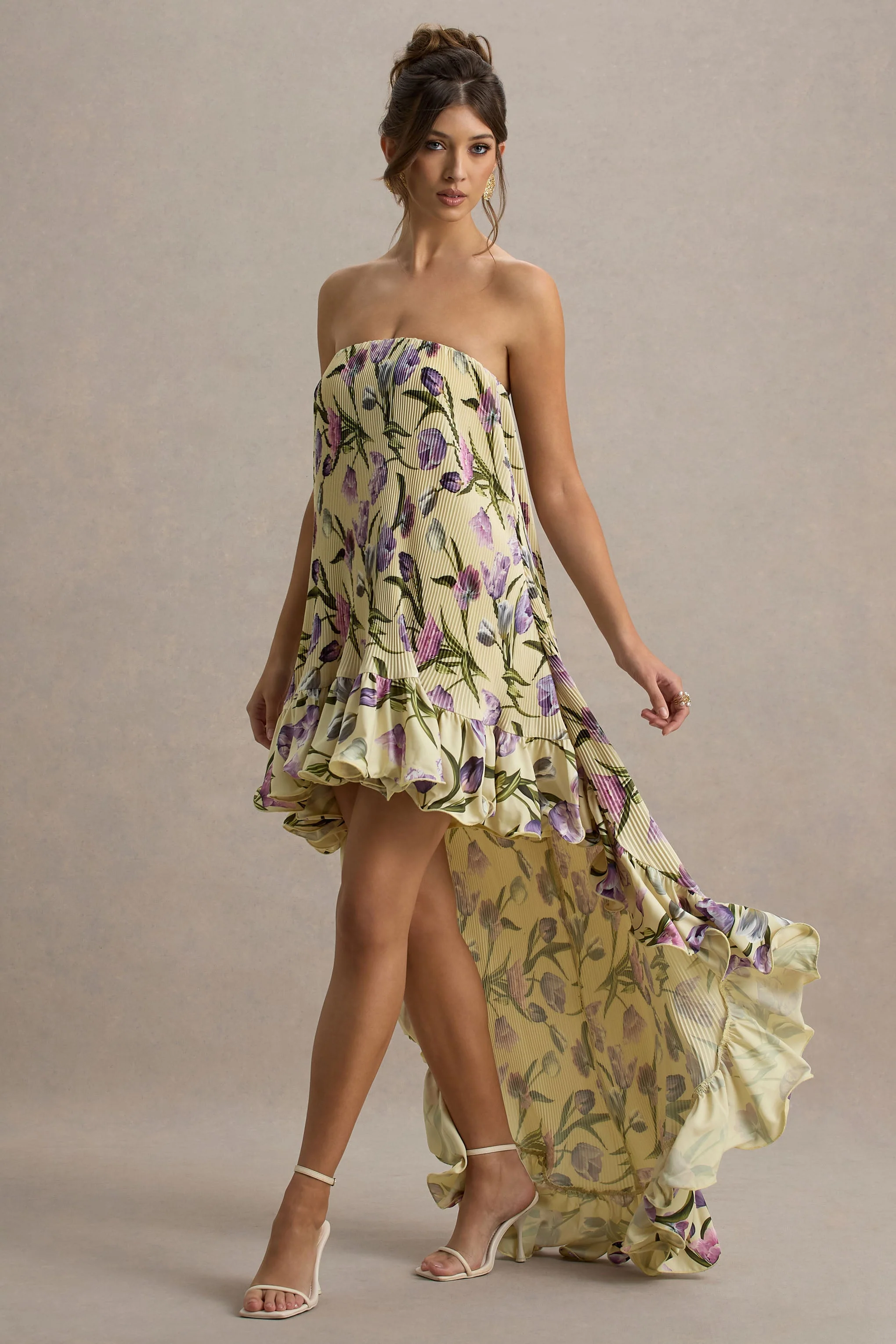 Whistler | Tulpen Bloemenprint Chiffon Bandeau Ruched Maxi Jurk Met Hoog-Lage Zoom - Image 2