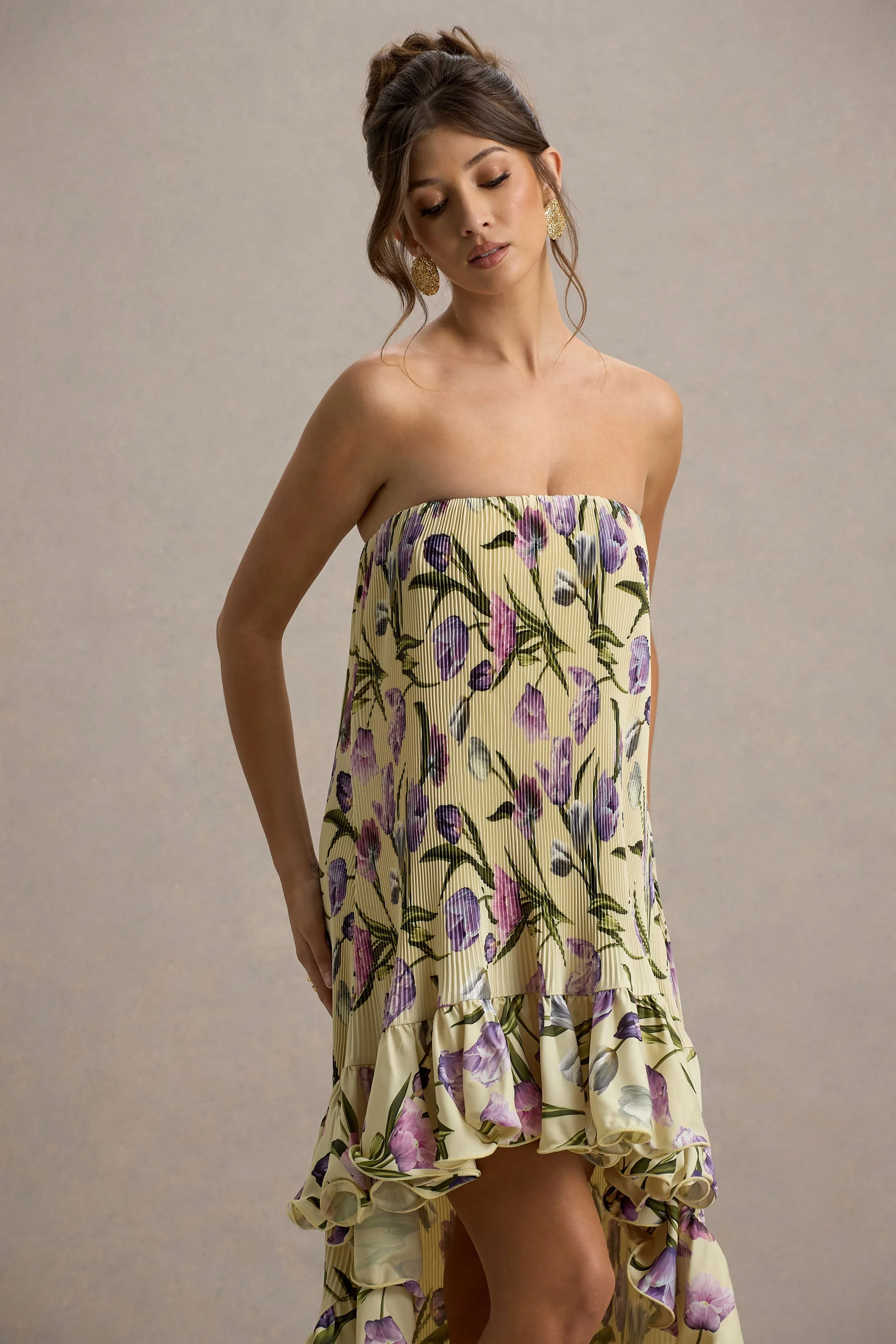 Whistler | Tulpen Bloemenprint Chiffon Bandeau Ruched Maxi Jurk Met Hoog-Lage Zoom - Image 4