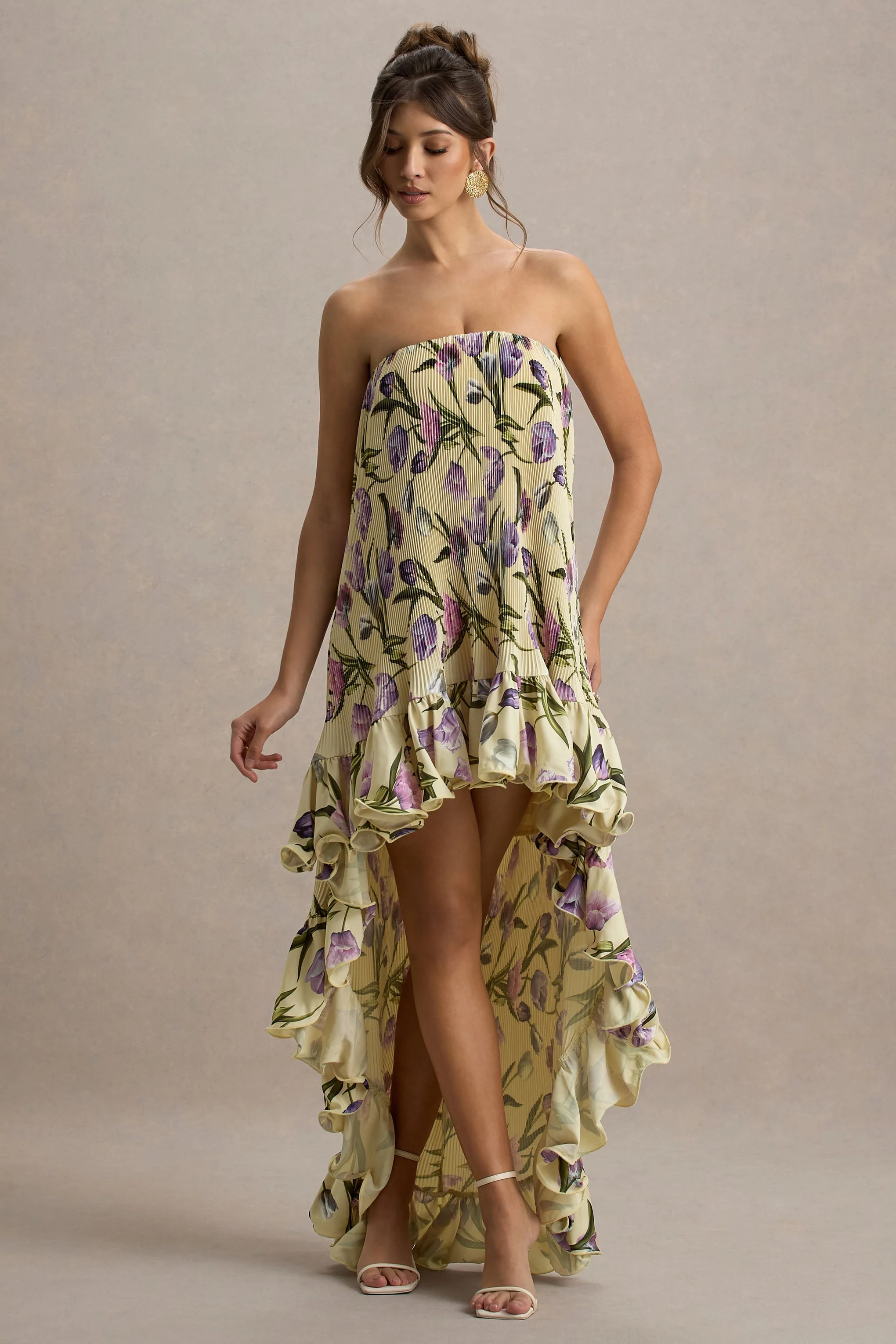 Whistler | Tulpen Bloemenprint Chiffon Bandeau Ruched Maxi Jurk Met Hoog-Lage Zoom - Image 5