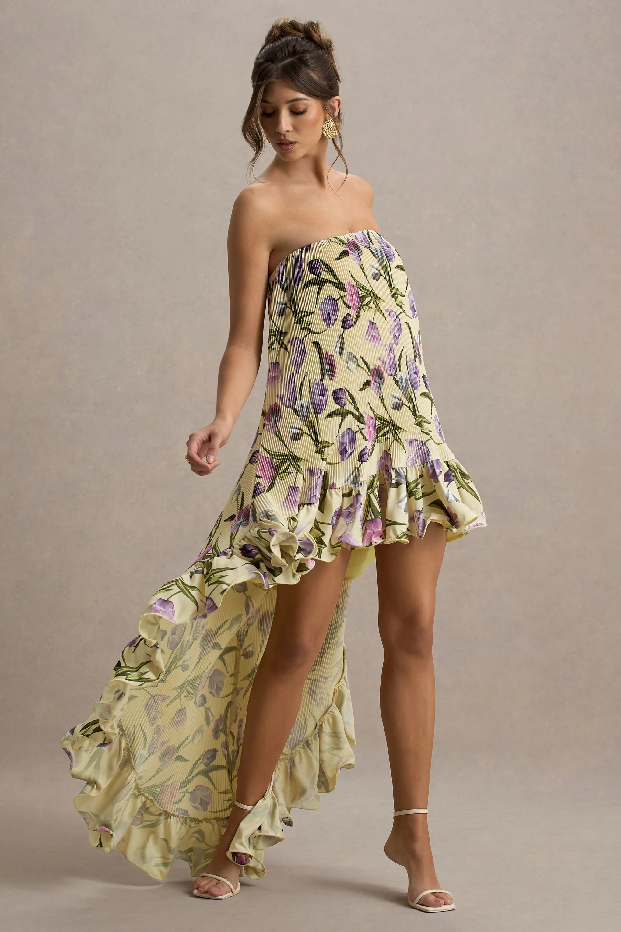 Whistler | Tulpen Bloemenprint Chiffon Bandeau Ruched Maxi Jurk Met Hoog-Lage Zoom - Image 6