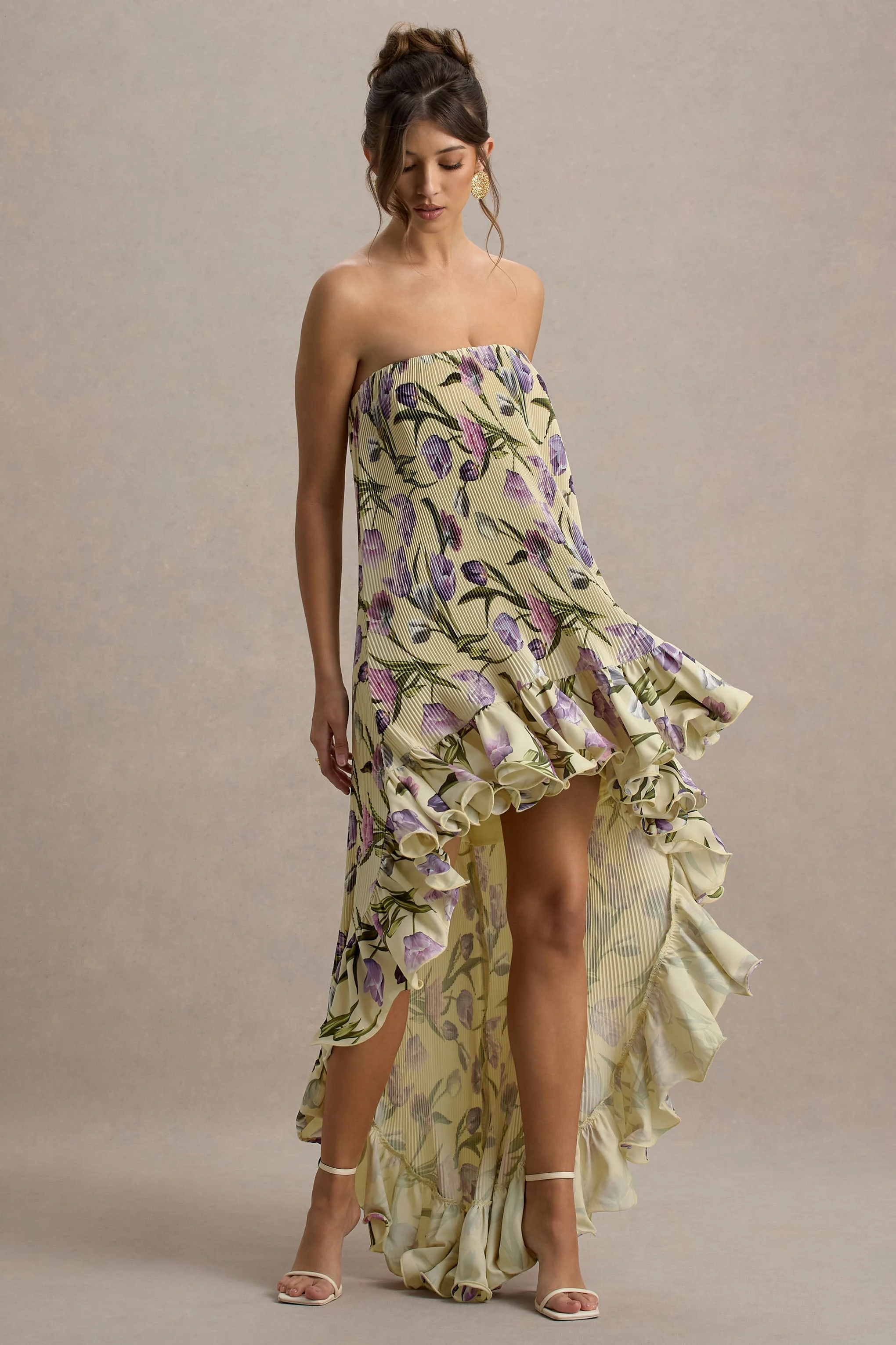 Whistler | Tulpen Bloemenprint Chiffon Bandeau Ruched Maxi Jurk Met Hoog-Lage Zoom - Image 7