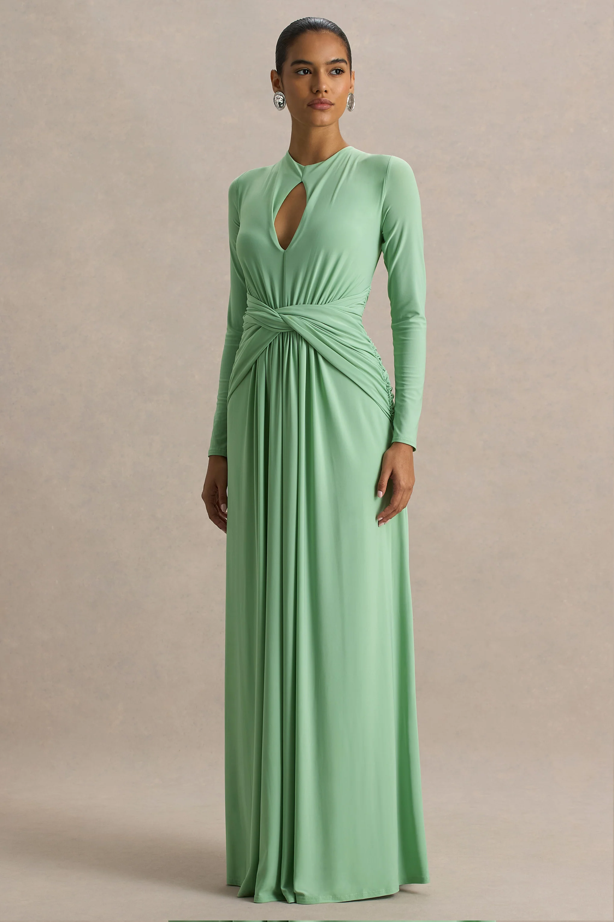With Me | Groene Hoge Hals Maxi Jurk Met Gerimpeld Details - Image 3