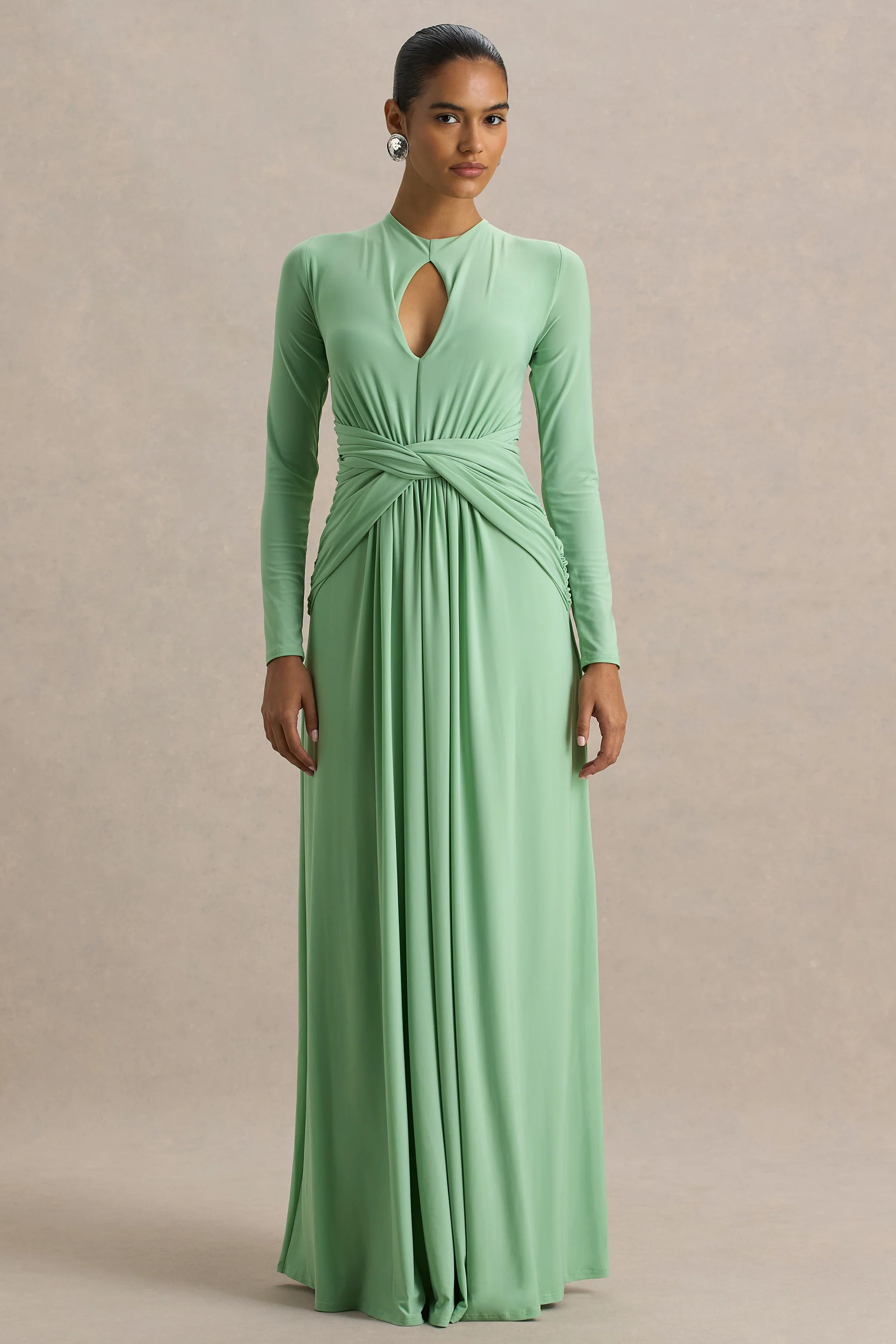 With Me | Groene Hoge Hals Maxi Jurk Met Gerimpeld Details - Image 4