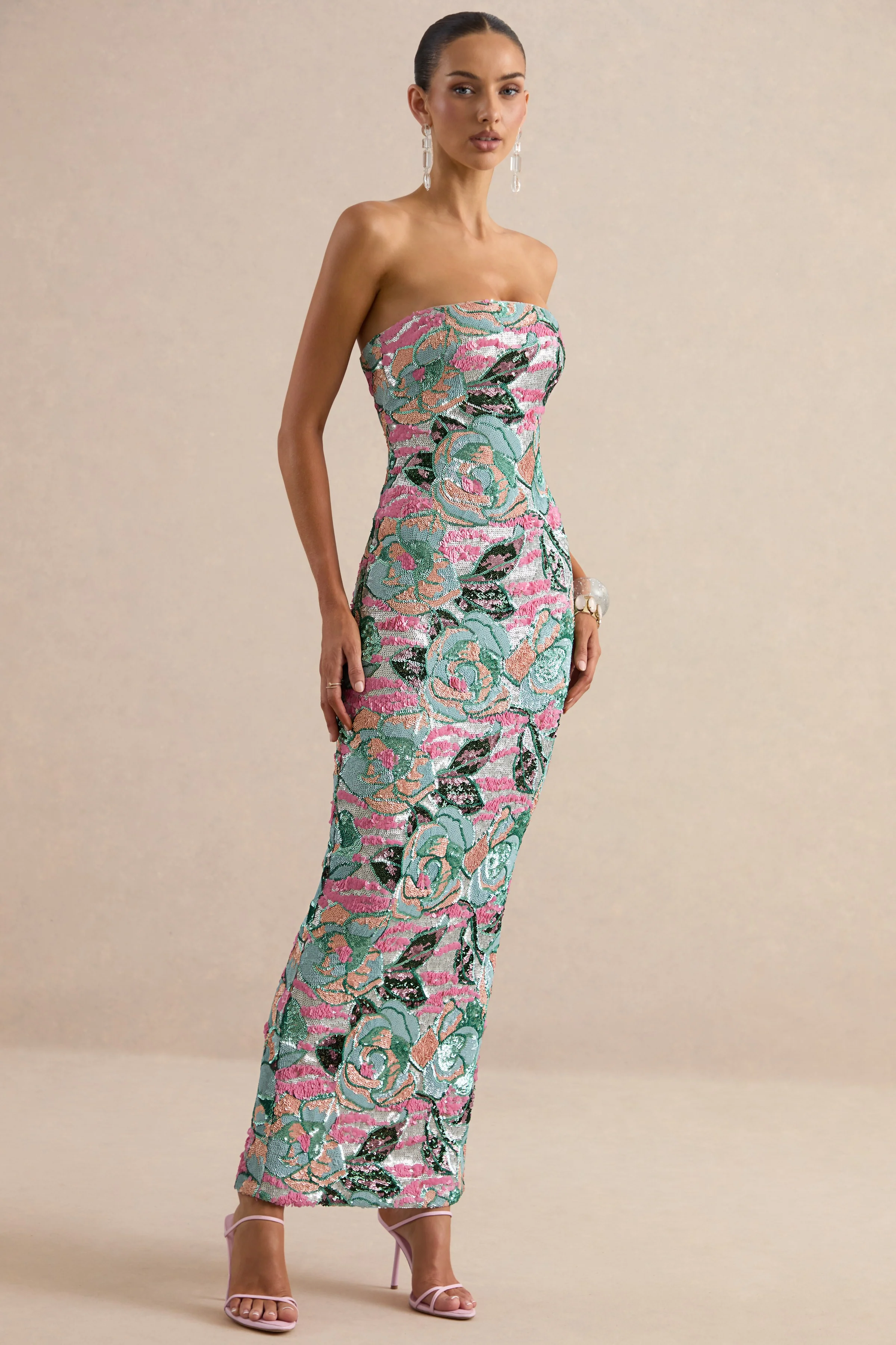 Xandra | Lichtblauwe Bloemenprint Pailletten Maxi Jurk Met Bandeau Hals - Image 4