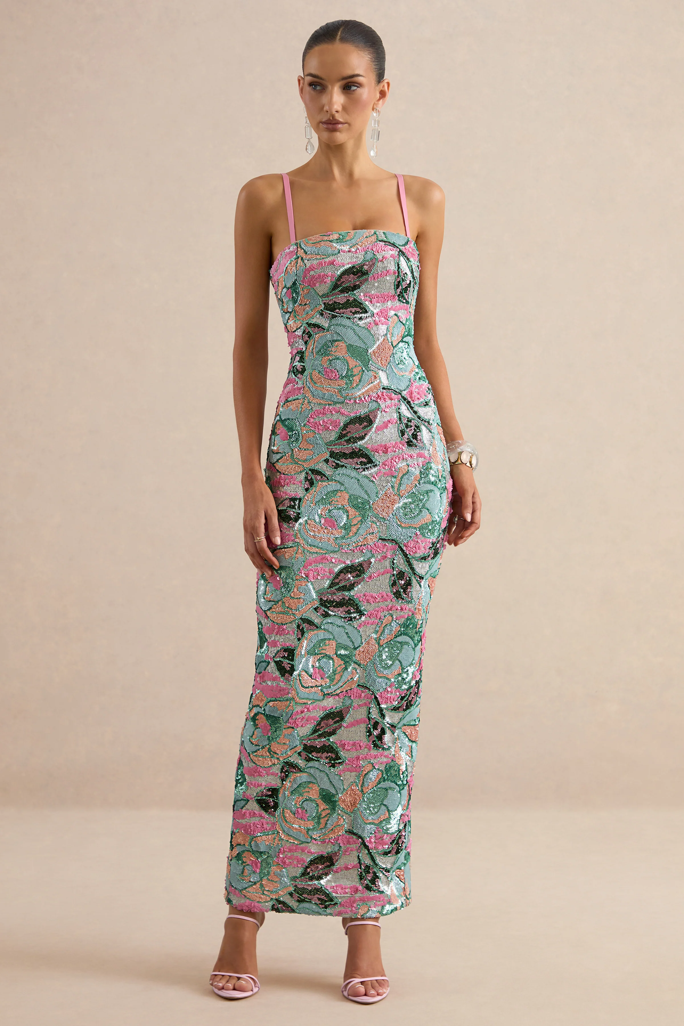 Xandra | Lichtblauwe Bloemenprint Pailletten Maxi Jurk Met Bandeau Hals - Image 6
