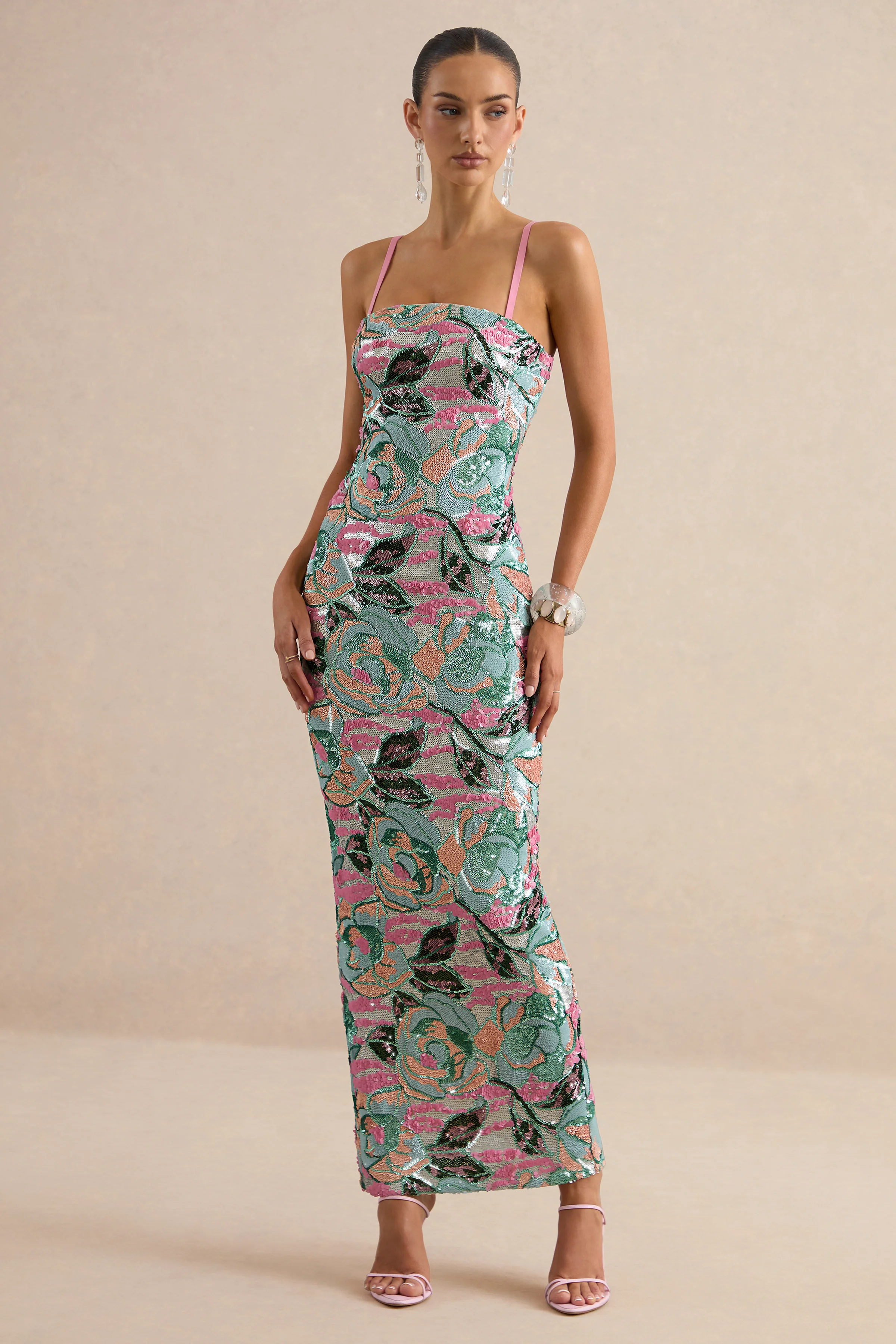 Xandra | Lichtblauwe Bloemenprint Pailletten Maxi Jurk Met Bandeau Hals - Image 7