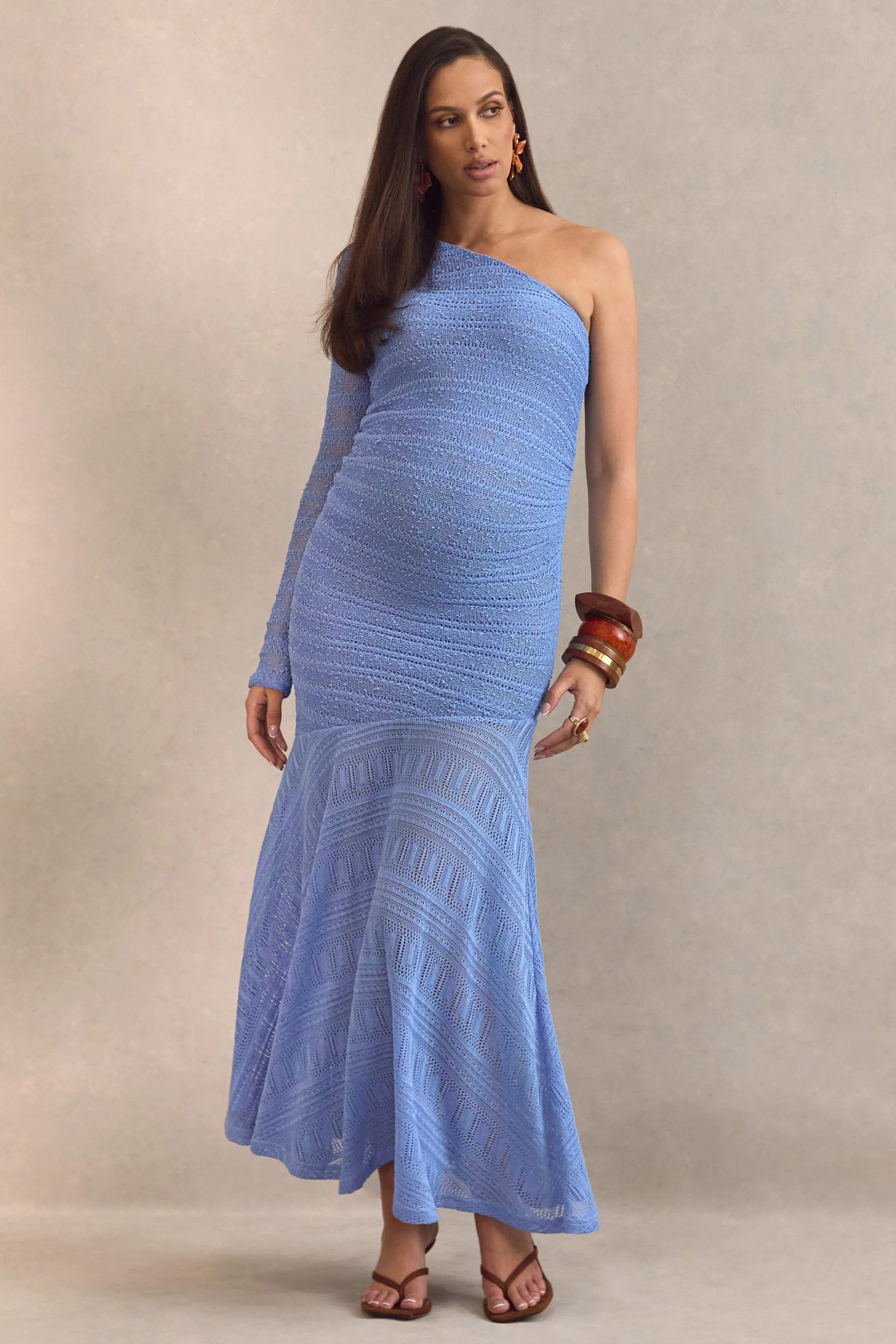 Xavia | Blauwe Asymmetrische Hals Zwangerschaps Maxi Jurk Met Doorschijnende Rok - Image 5