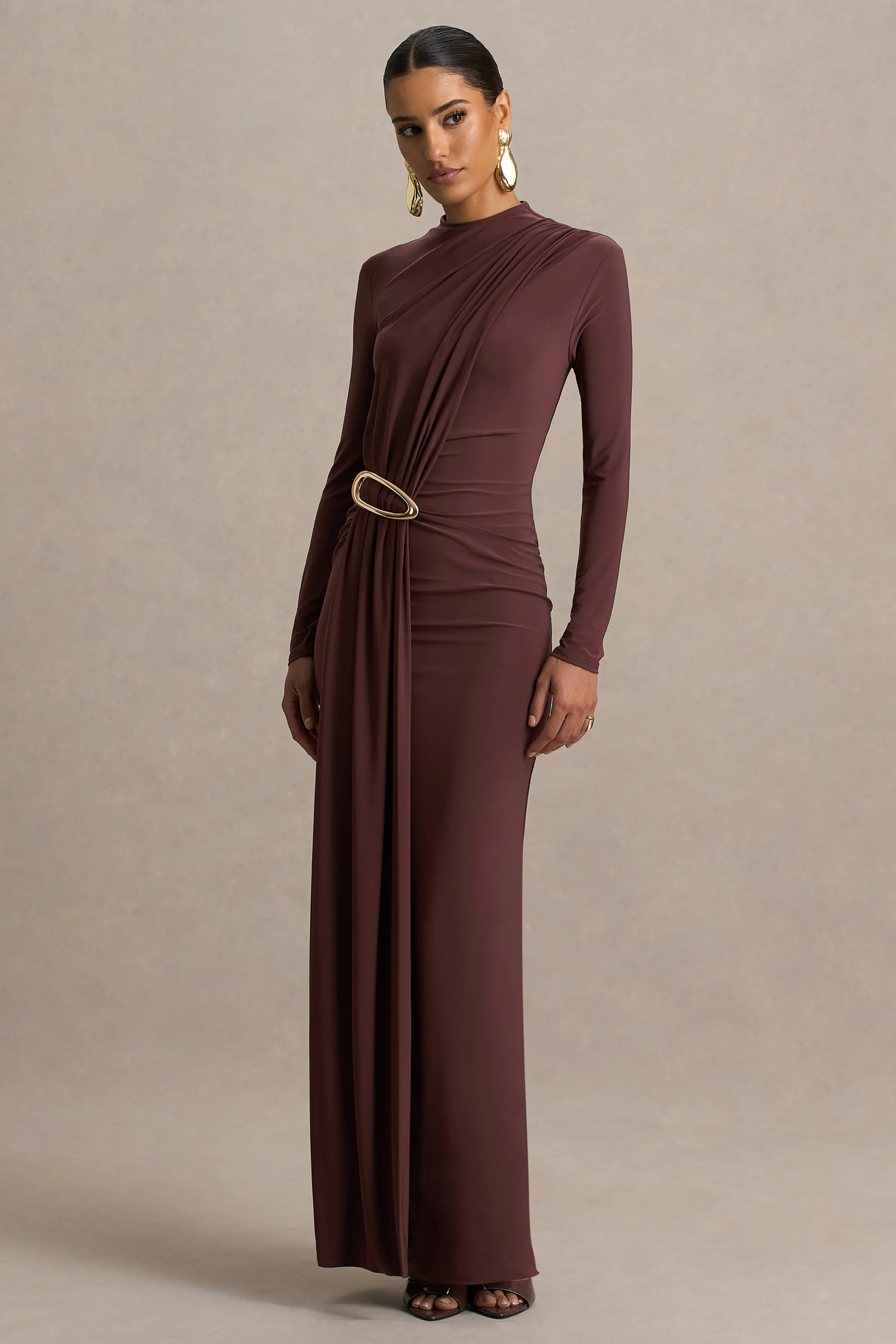 Zadie | Bruine Hoge Hals Midi Jurk Met Gerimpelde Detail - Image 4