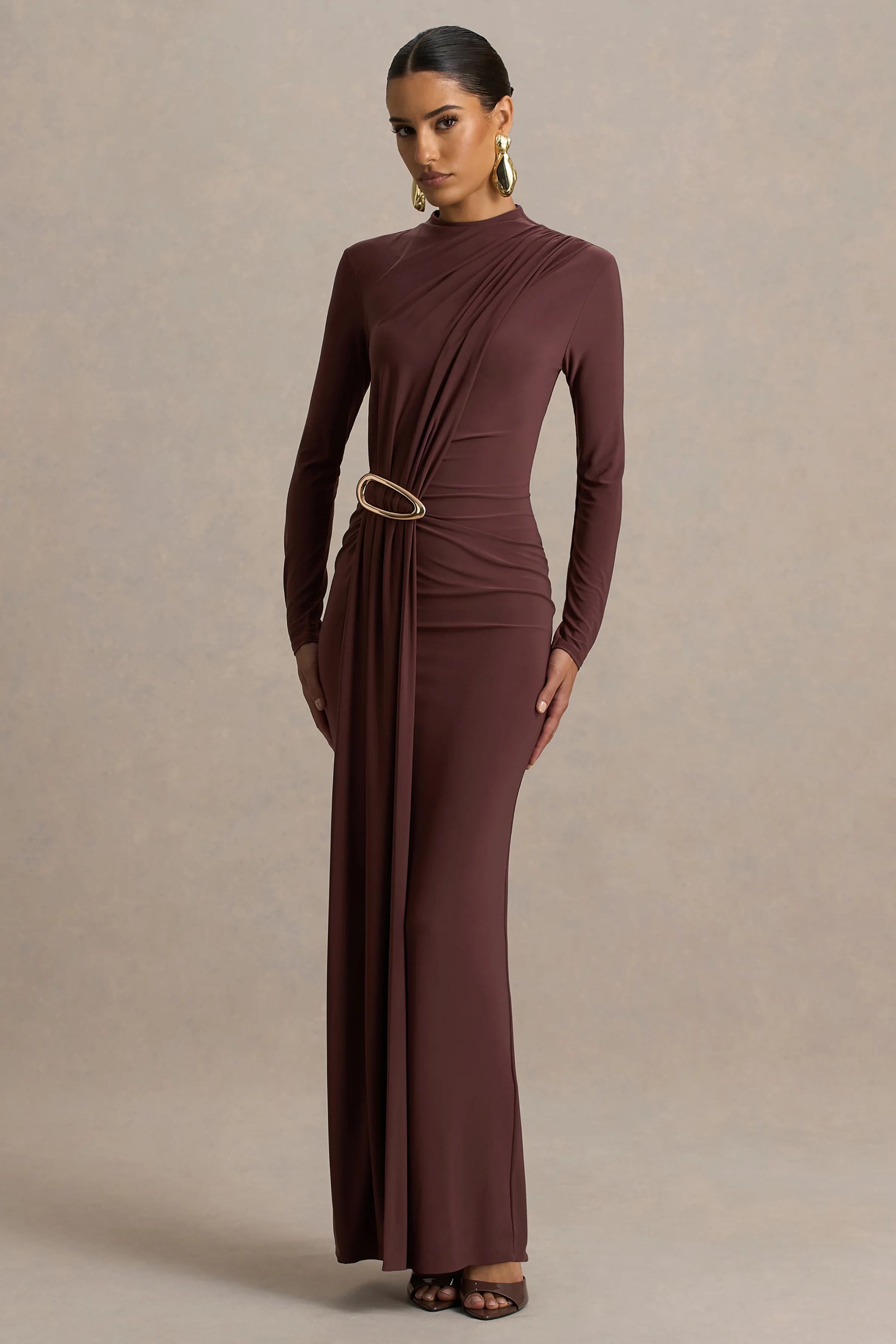 Zadie | Bruine Hoge Hals Midi Jurk Met Gerimpelde Detail - Image 5