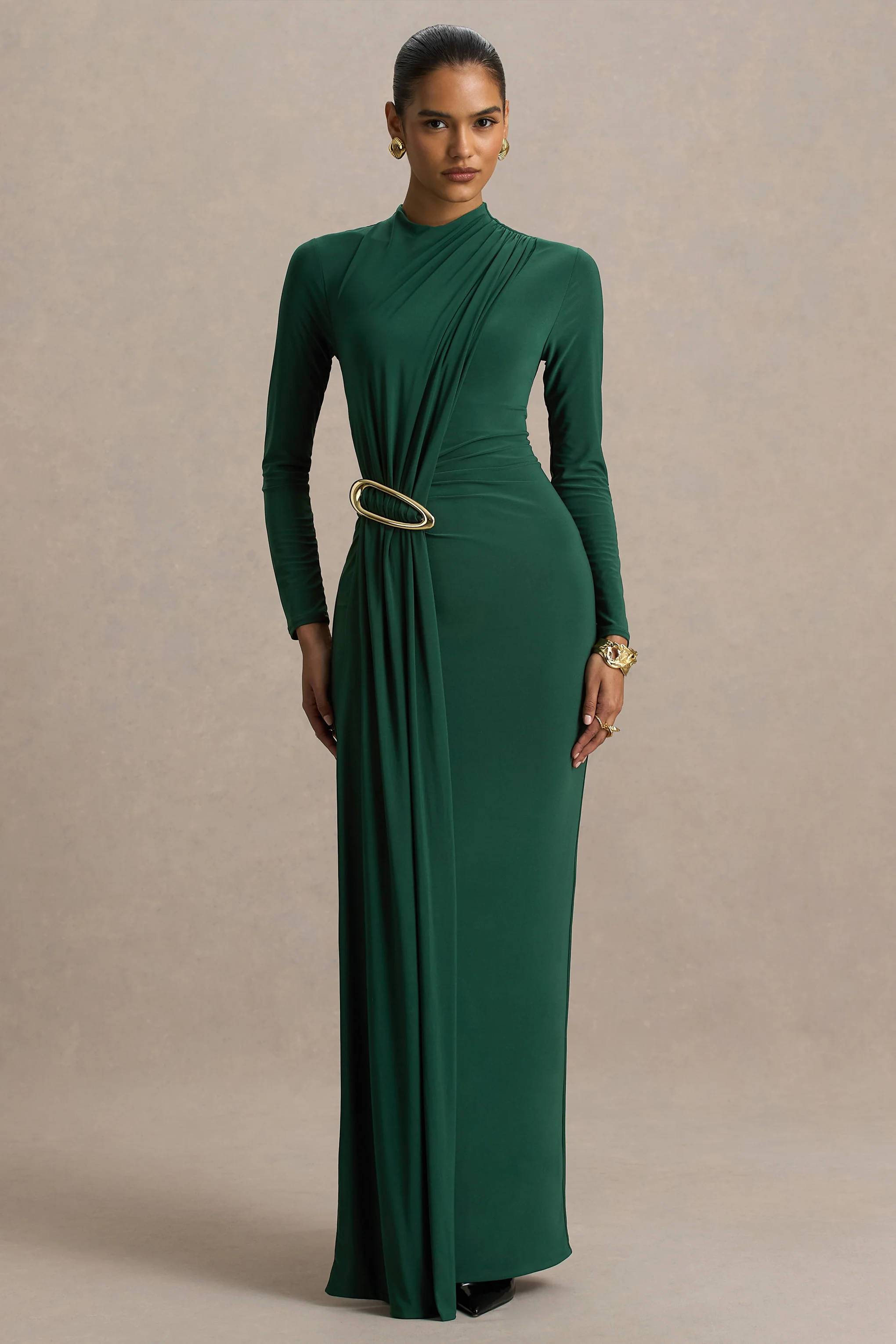 Zadie | Teal Hoge Hals Midi Jurk Met Gerimpelde Detail
