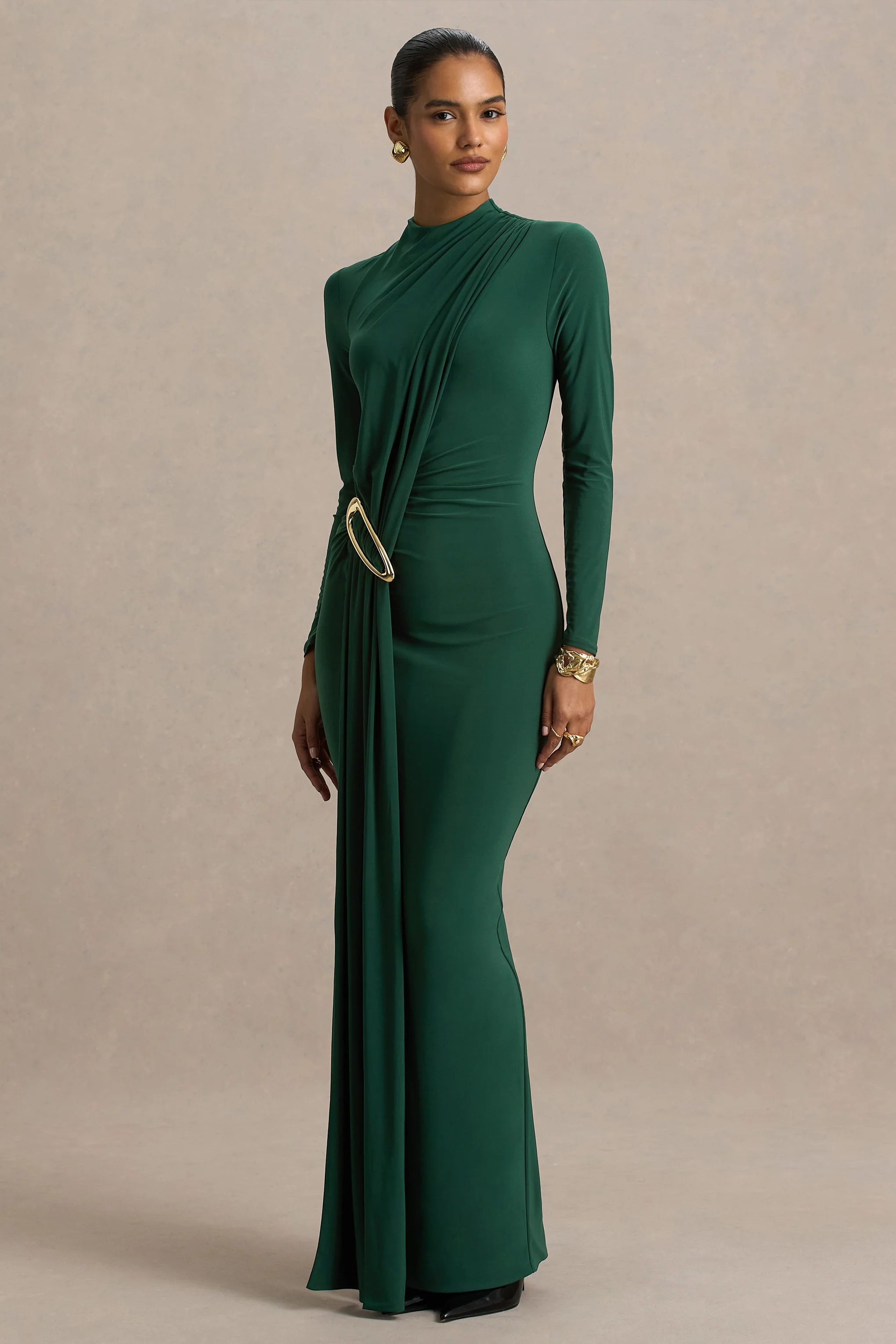 Zadie | Teal Hoge Hals Midi Jurk Met Gerimpelde Detail - Image 3