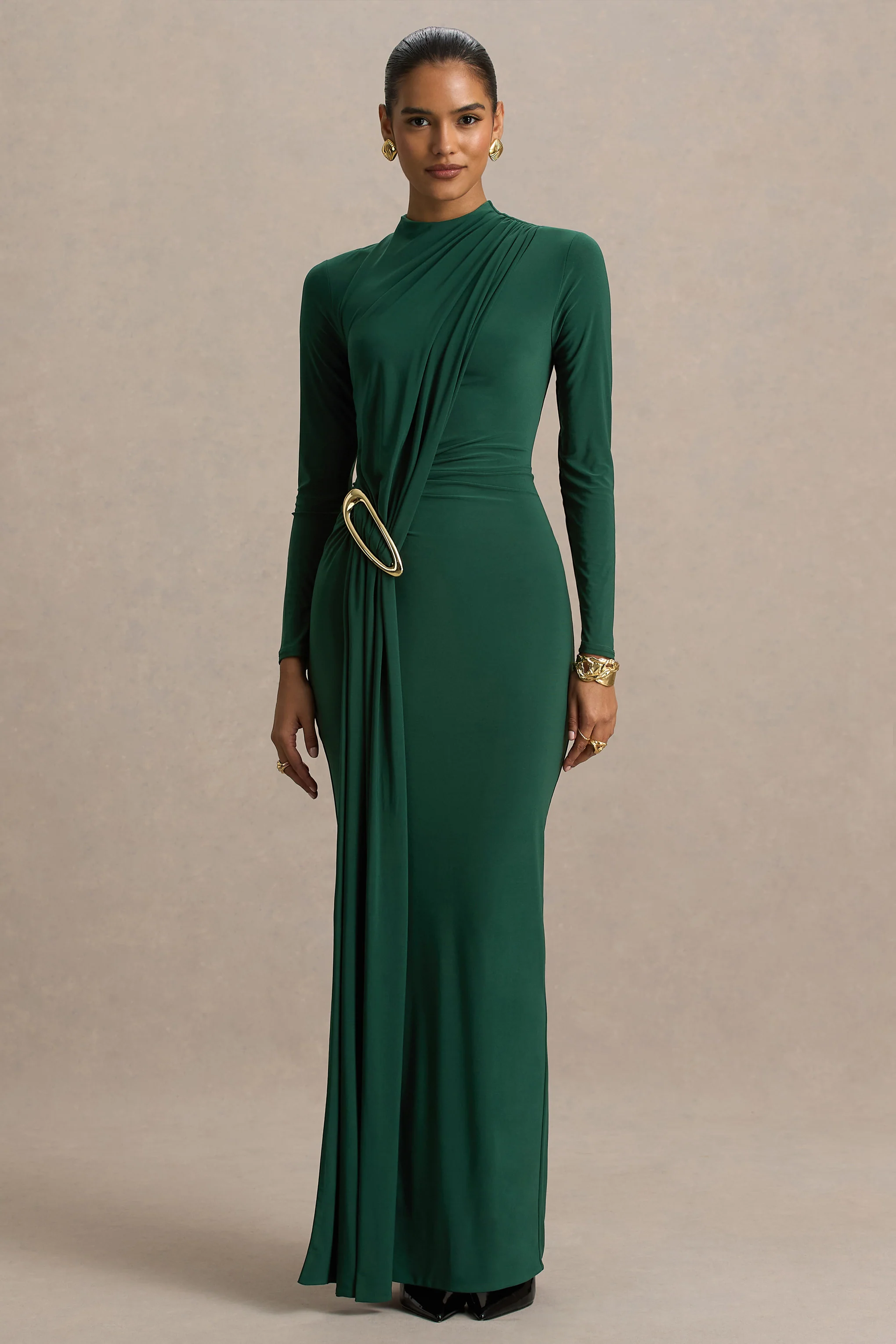 Zadie | Teal Hoge Hals Midi Jurk Met Gerimpelde Detail - Image 4