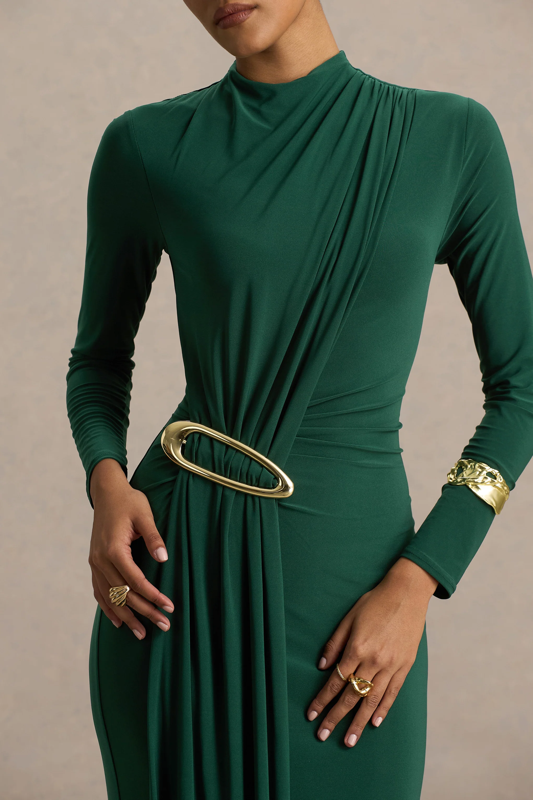 Zadie | Teal Hoge Hals Midi Jurk Met Gerimpelde Detail - Image 5