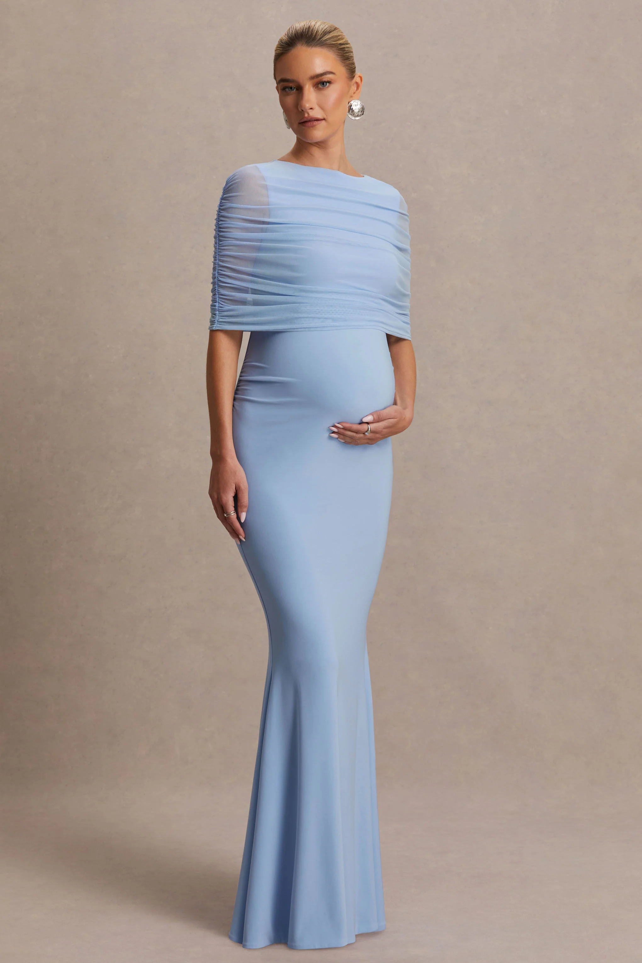 Zaria | Poederblauwe Ronde Hals Zwangerschaps Maxi Jurk Met Cape-Overlay - Image 5