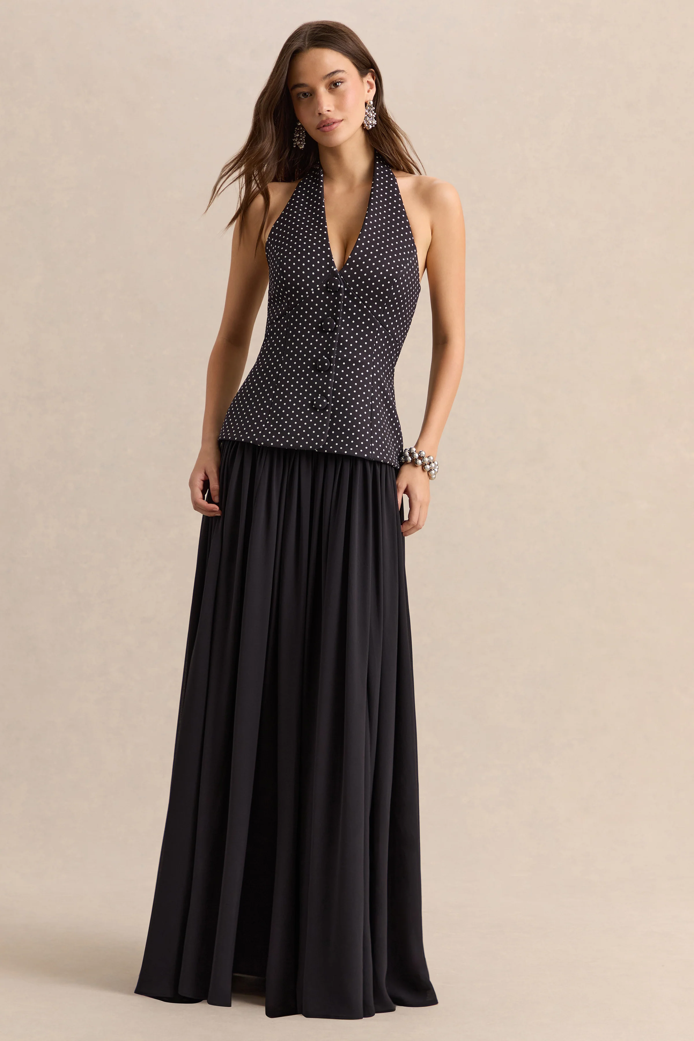 Zarina | Zwart-witte Stippen Print Maxi Jurk Met Diepe V-Hals