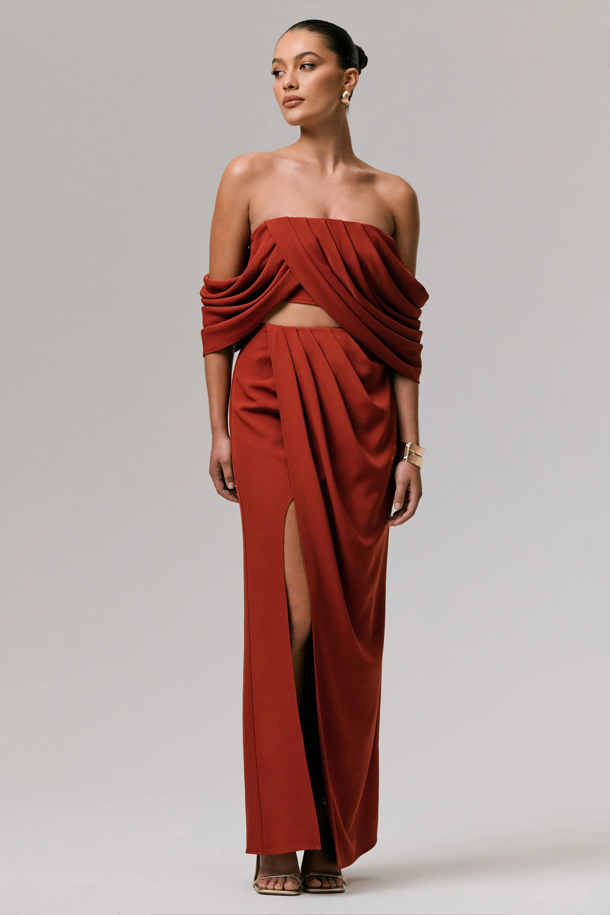 Zelina | Terracotta Mid Taille Maxi Rok Met Splits
