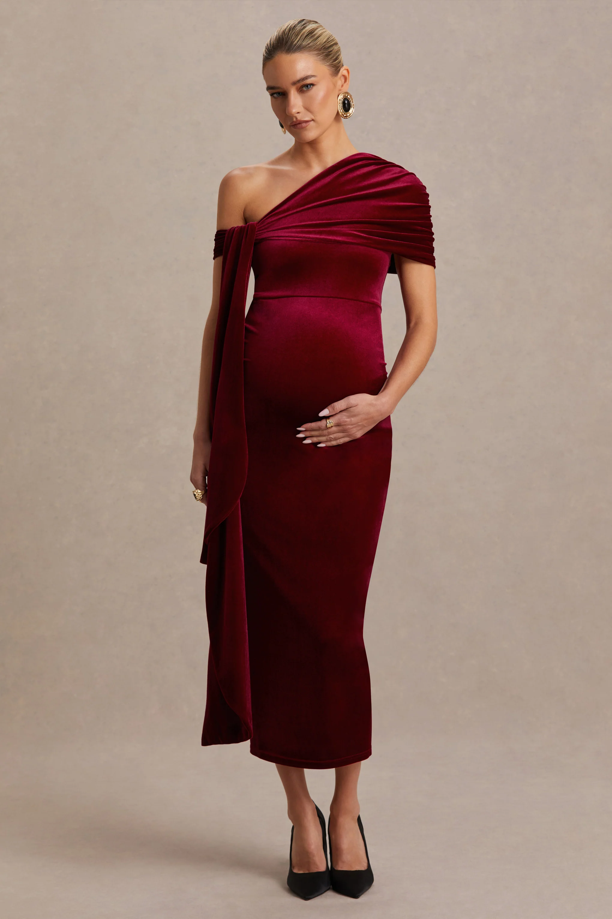 Zena | Bordeaux Fluwelen Asymmetrische Hals Zwangerschaps Midi Jurk Met Knopen En Ceintuur