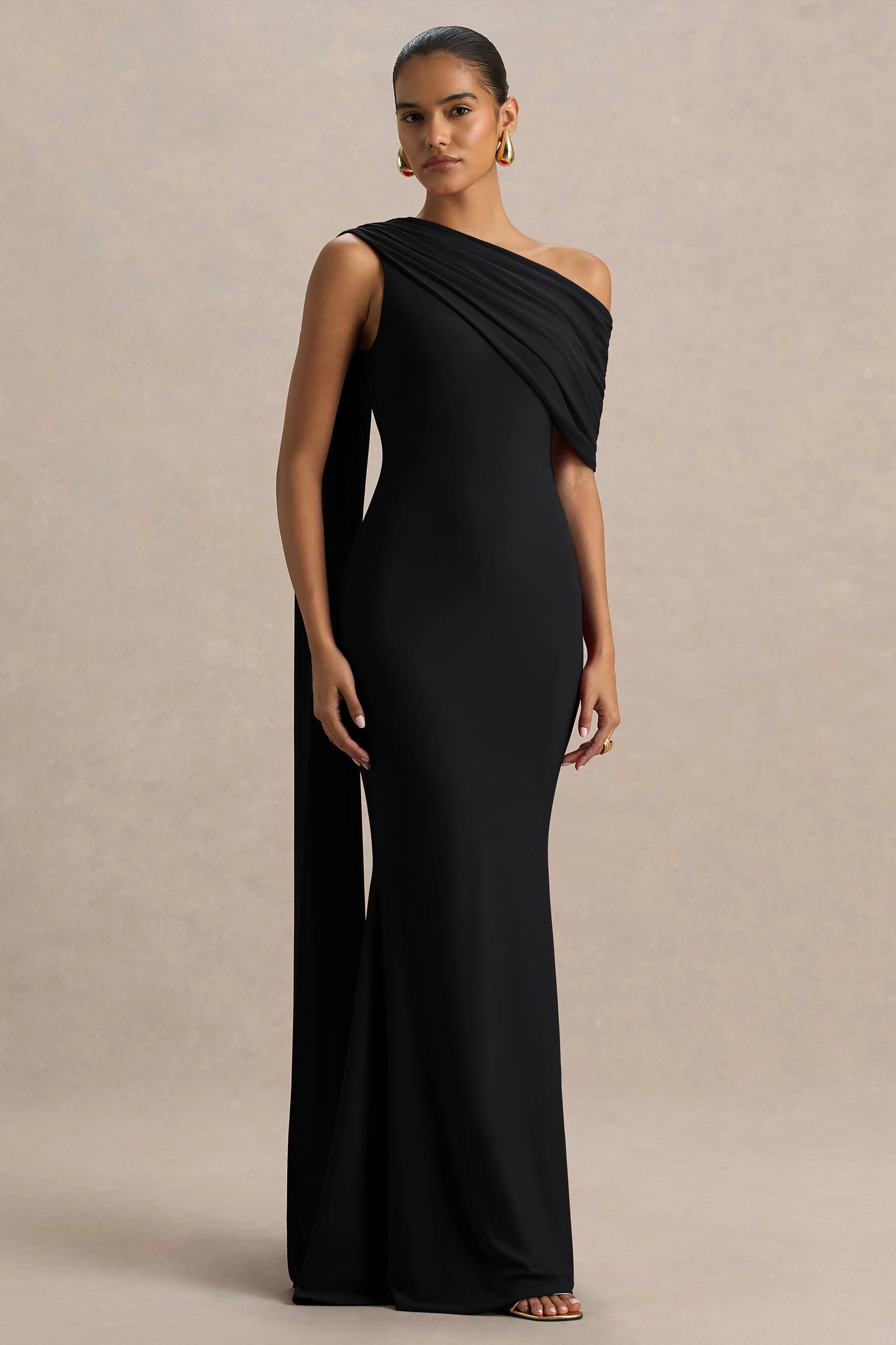 Zendaya | Zwarte Asymmetrische Hals Fishtail Maxi Jurk Met Ceintuur