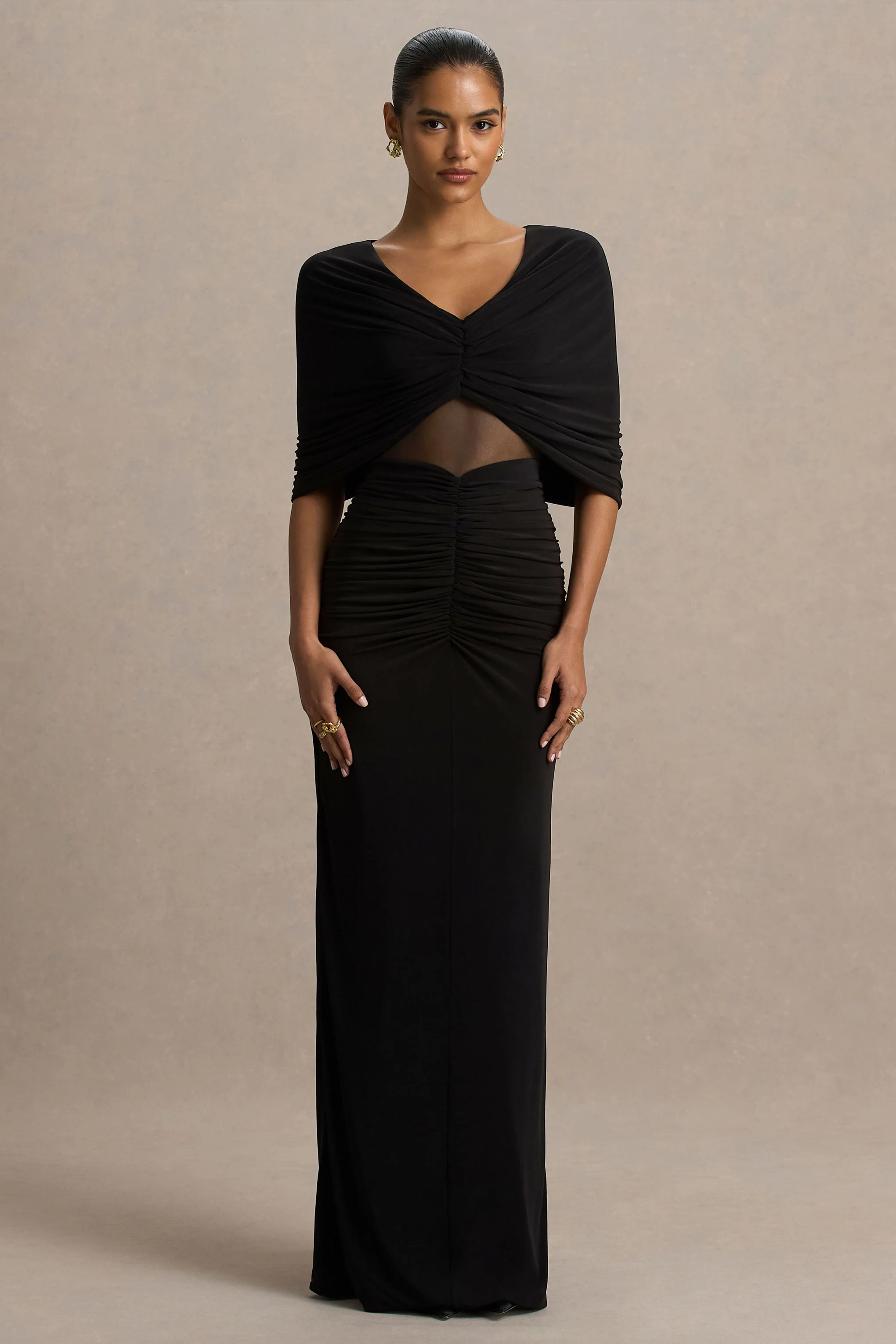 Zinnie | Zwarte Jurk Met Een Cape‑Mouw, Mesh Paneel - Image 5