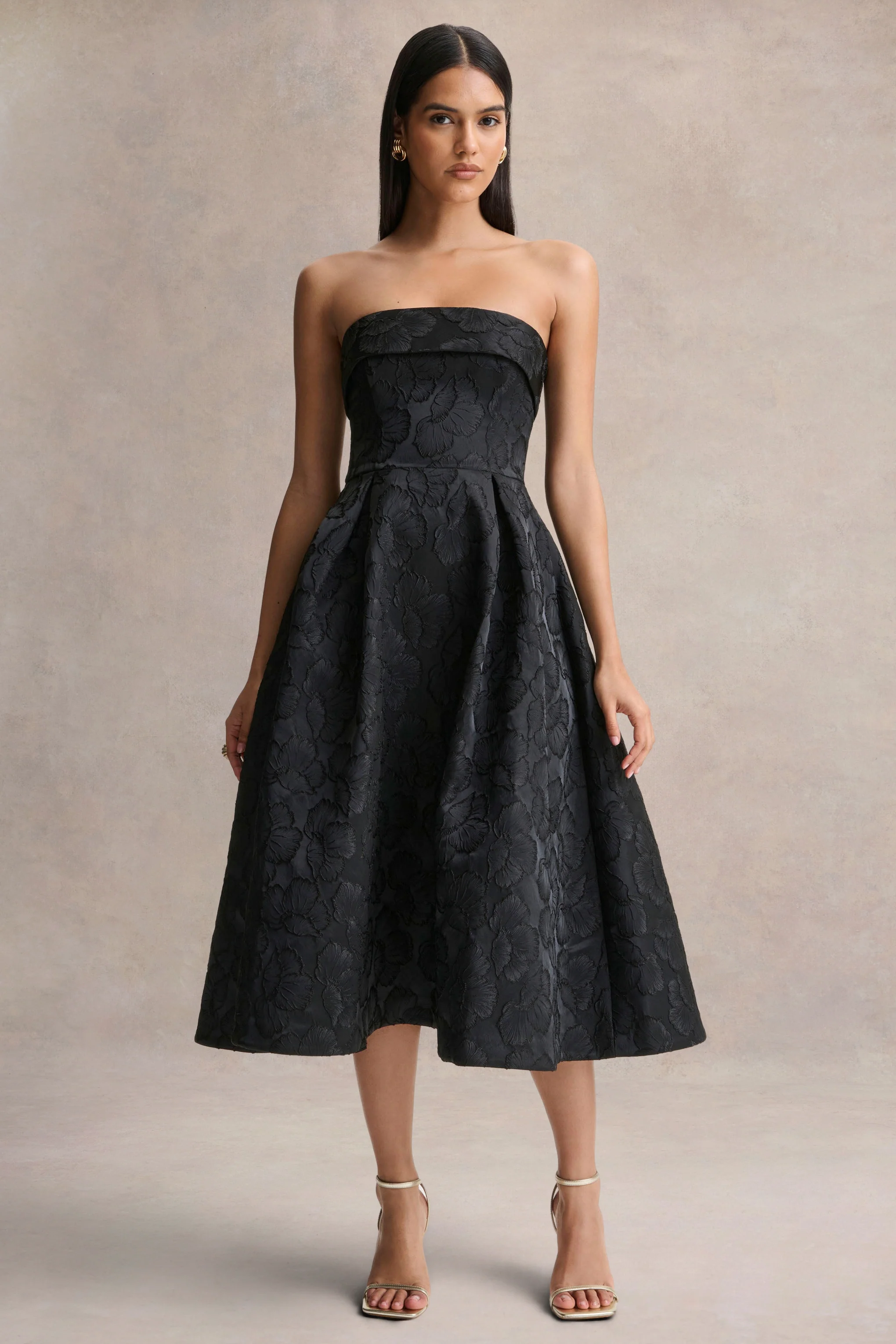 Zuma | Zwarte Metallic Jacquard Strapless Midi Jurk