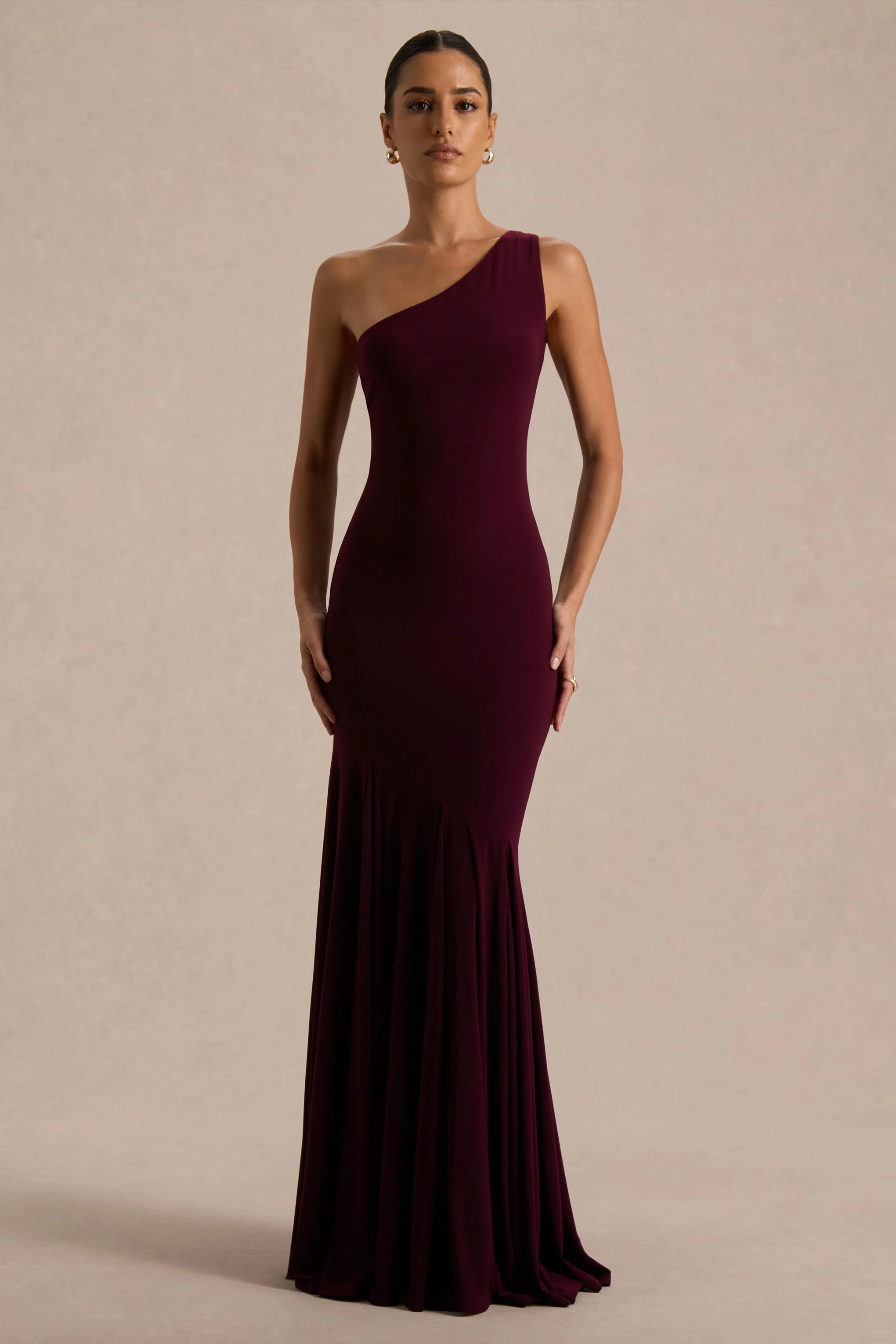 Zya | Donker Pruim Asymmetrische Hals Fishtail Maxi Jurk