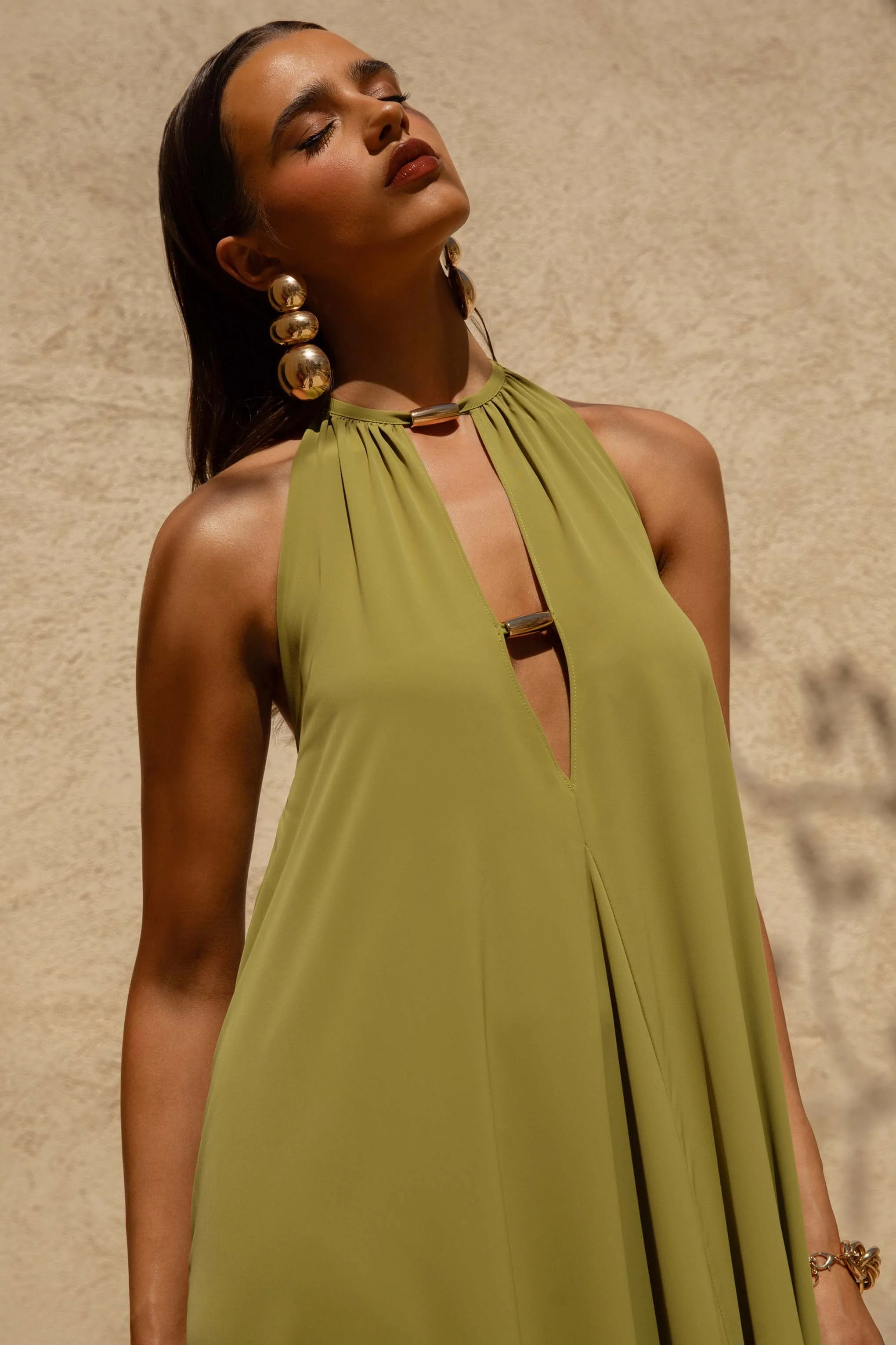 Zyon | Groene Hoge Hals Maxi Jurk Met Uitsnijding Details - Image 3